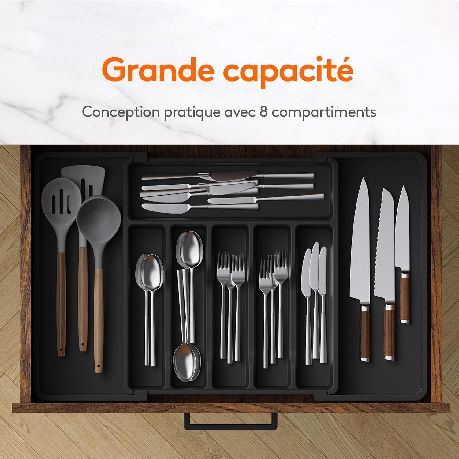 Organizer Per Cassetti Posate Espandibile - Grigio, Divisori Per Utensili Da Cucina, 40,6 X 26,9 X 6,1 Cm