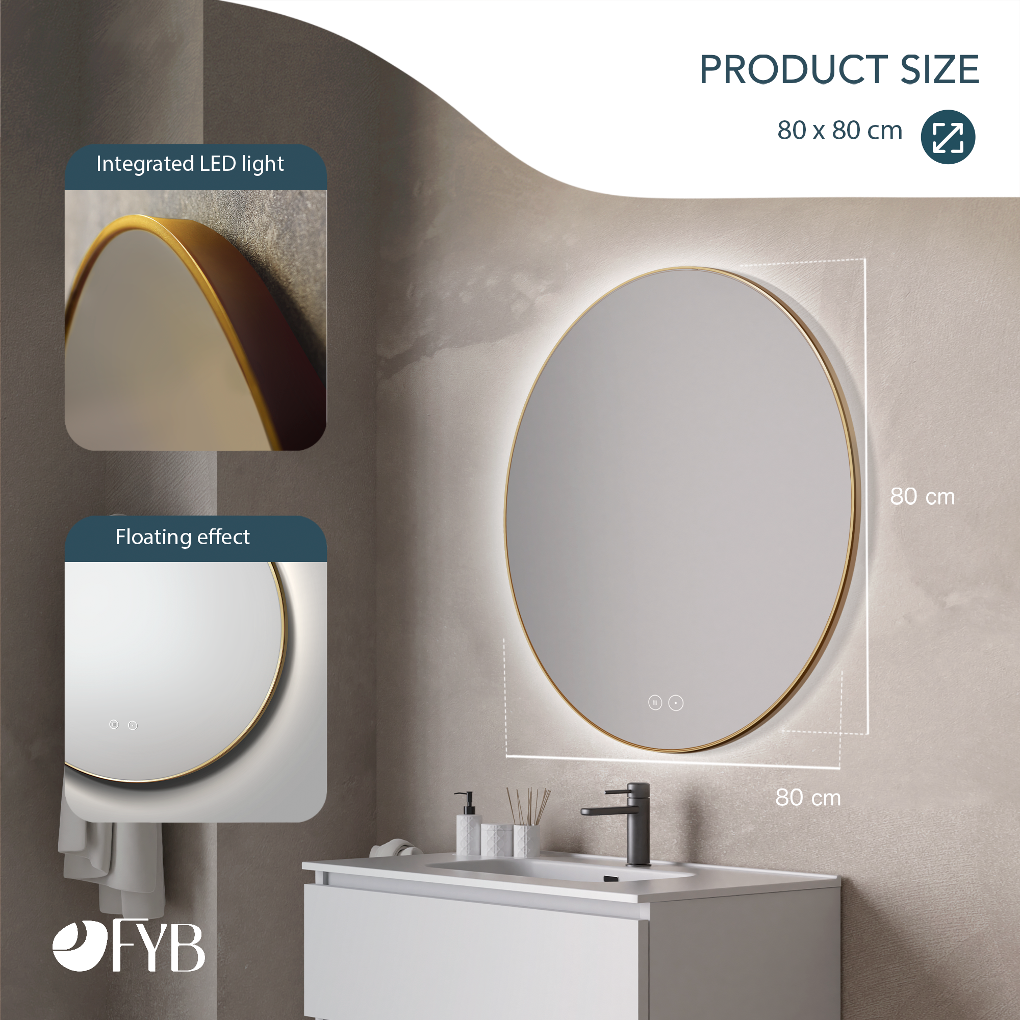 Feel Your Bath, Espejo de Baño Redondo con Luz LED Regulable 80cm, con Interruptor Táctil, Antivaho - Retroiluminado Oro - 5