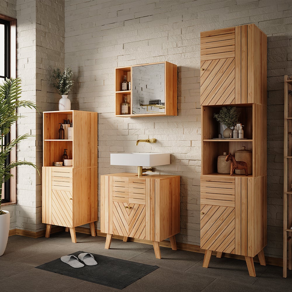 Vicco Armoire de salle de bain Lucie, Bambou, 40x177cm avec 2 portes - 6