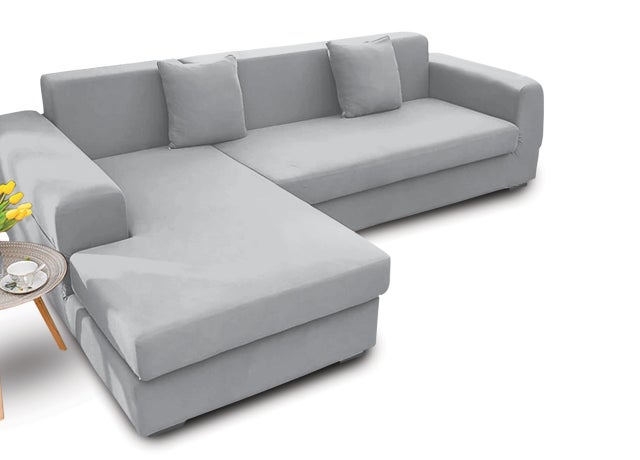 Copridivano Antimacchia Elasticizzato Penisola Componibile Tinta Unita Modello Perfetto Poltrona Grigio Chiaro