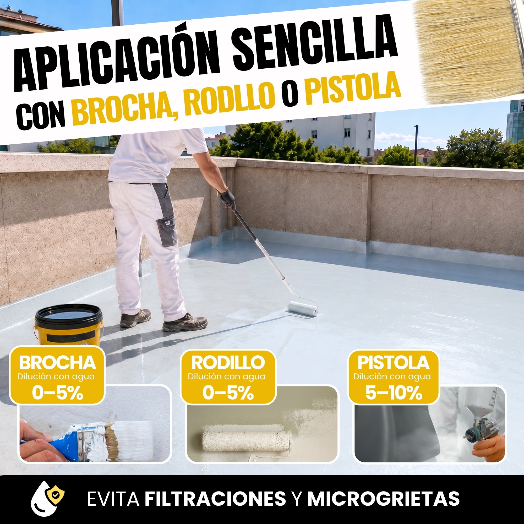 (Transparente, 14L) Revestimento Impermeabilizante Híbrido Poliuretano | Tinta Impermeável para Terraços, Telhados e Exteriores | Contra Fugas - 6