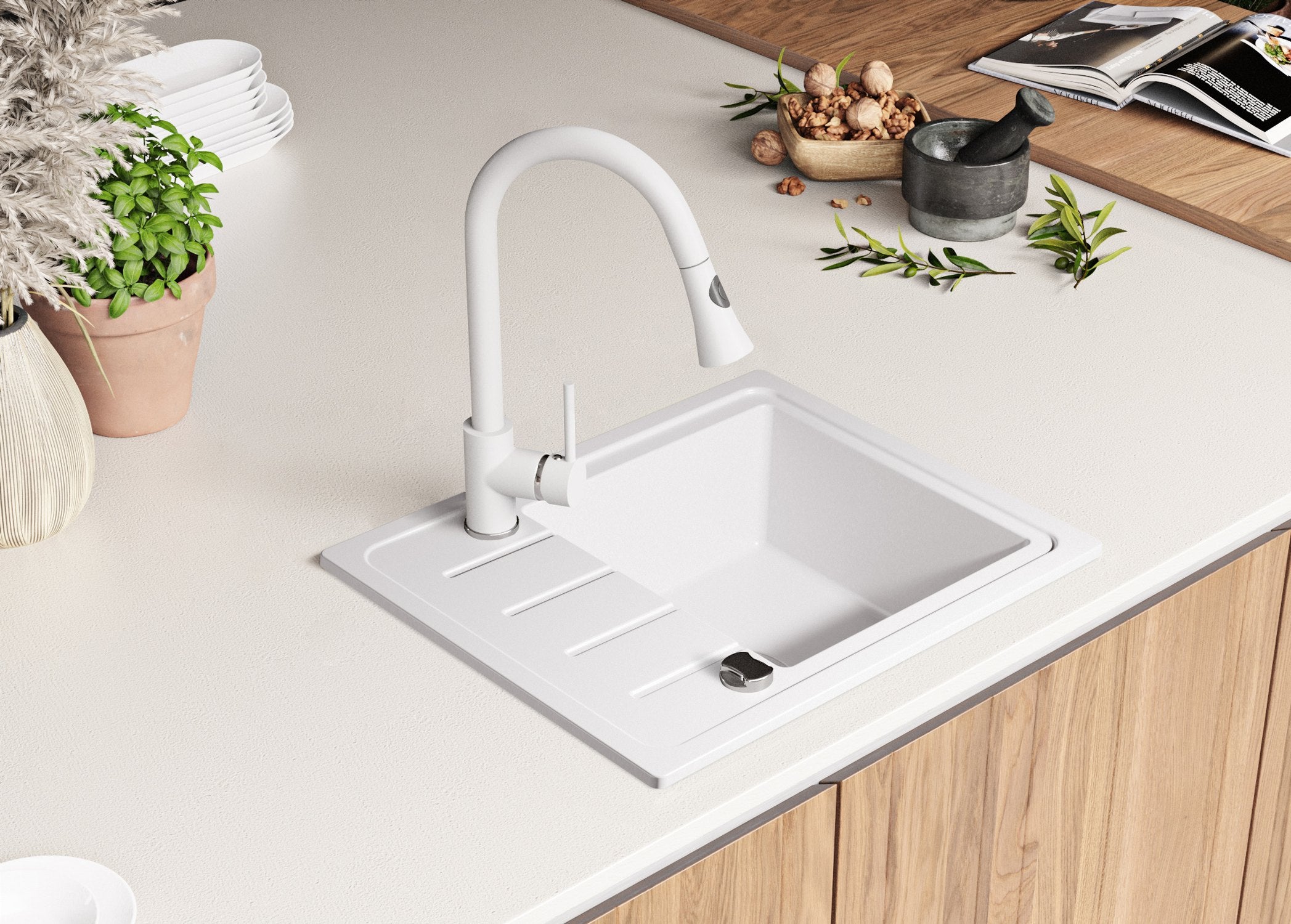 Evier Cuisine en Granit Blanc 55x44cm, Lavabo 1 bac + Kit de Vidage, Évier à Encastrer au meuble 45cm - Copenhague Easy PRIMAGRAN - 8