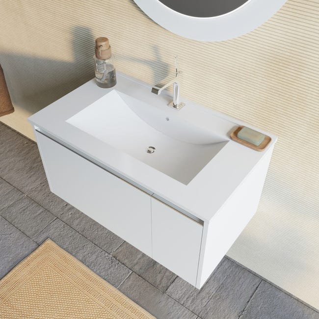 Mobile Bagno Sospeso PORTO - Bianco/Olmo, 2 Cassetti Soft-Close, Lavabo Ceramica, Specchio LED 80x60 Cm - Foto 3