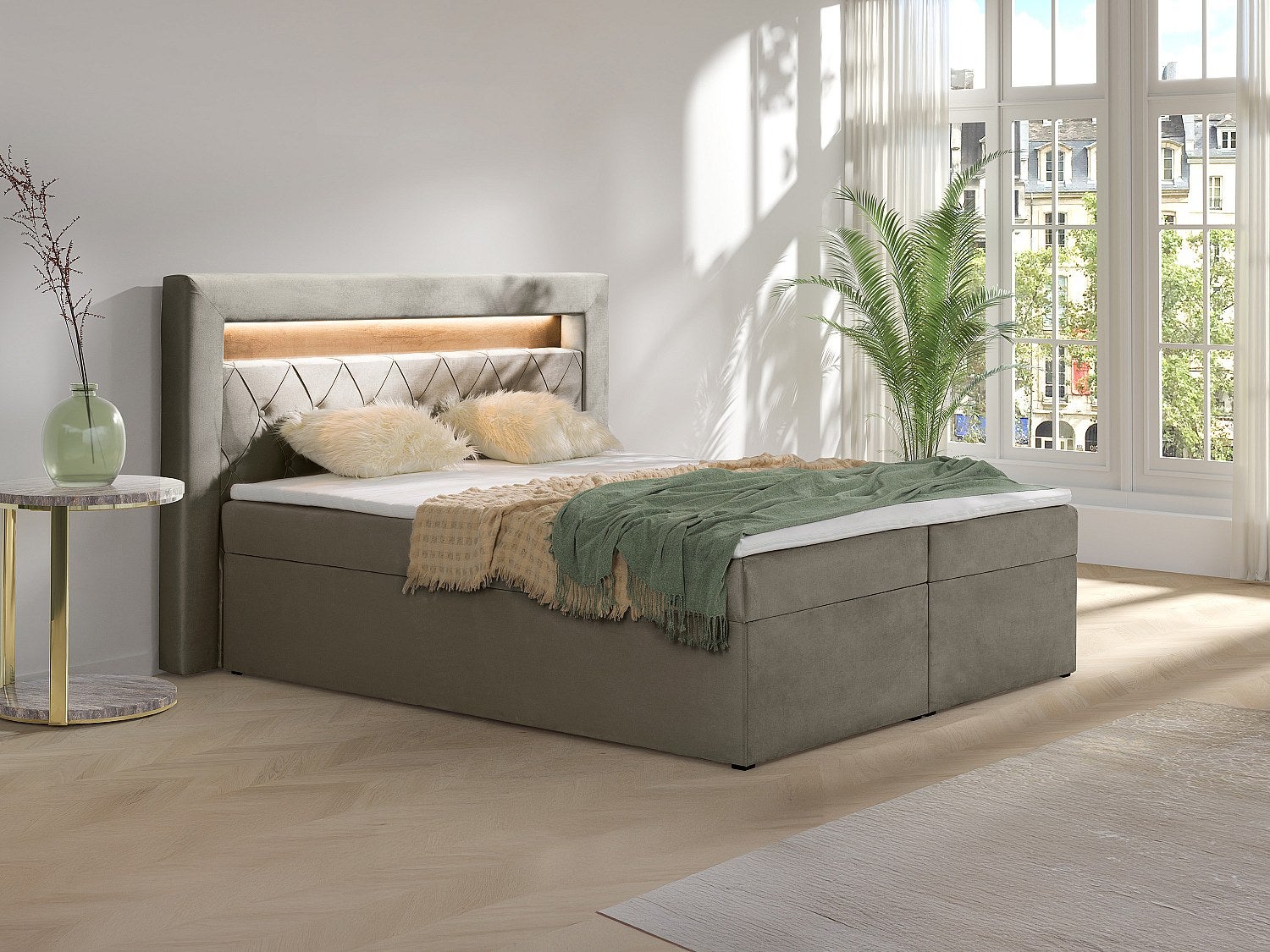 Zestaw do sypialni ozdobny zagłówek z oświetleniem LED + stelaże ze skrzynią + materace + nakładka na materac - 160 x 200 cm - Welur - Taupe - ORANA m
