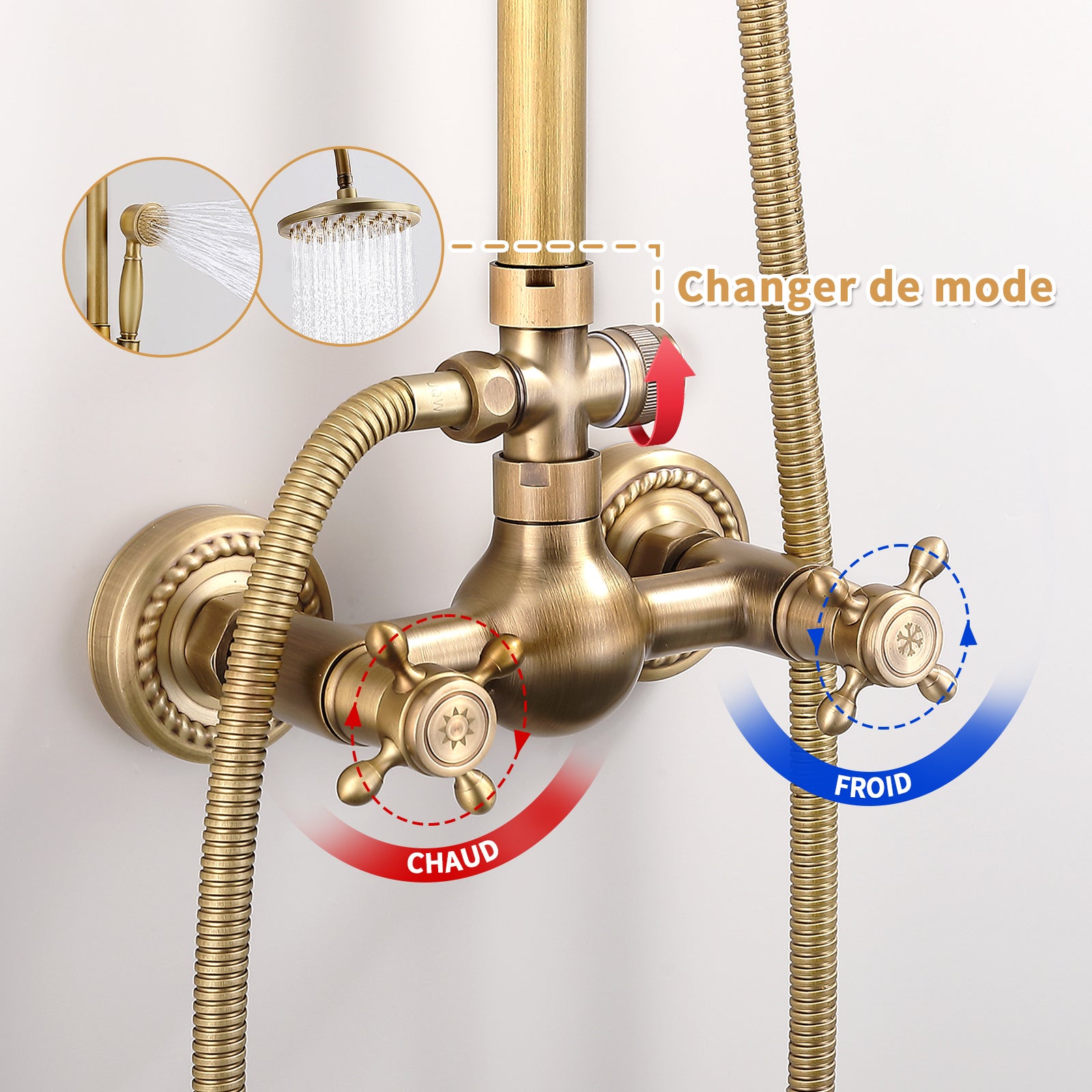 Colonne de Douche Rétro à Double Poignée en Laiton, Système de douche Antique Réglable en hauteur, Kit de Douche avec Finition Bronze - 2