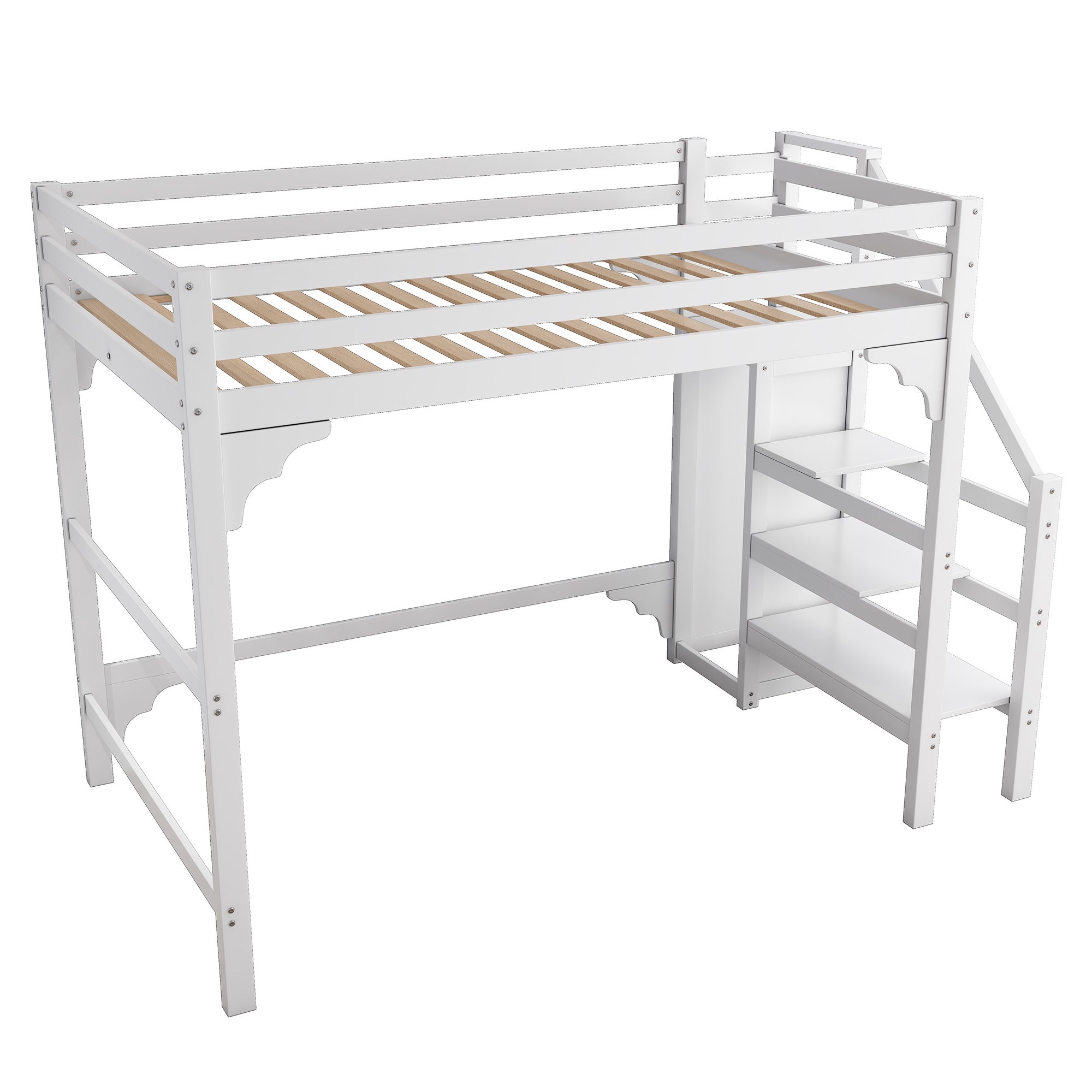 Lit mezzanine 140x200 cm, lit ados avec marches, armoire, blanc, sans matelas - 8