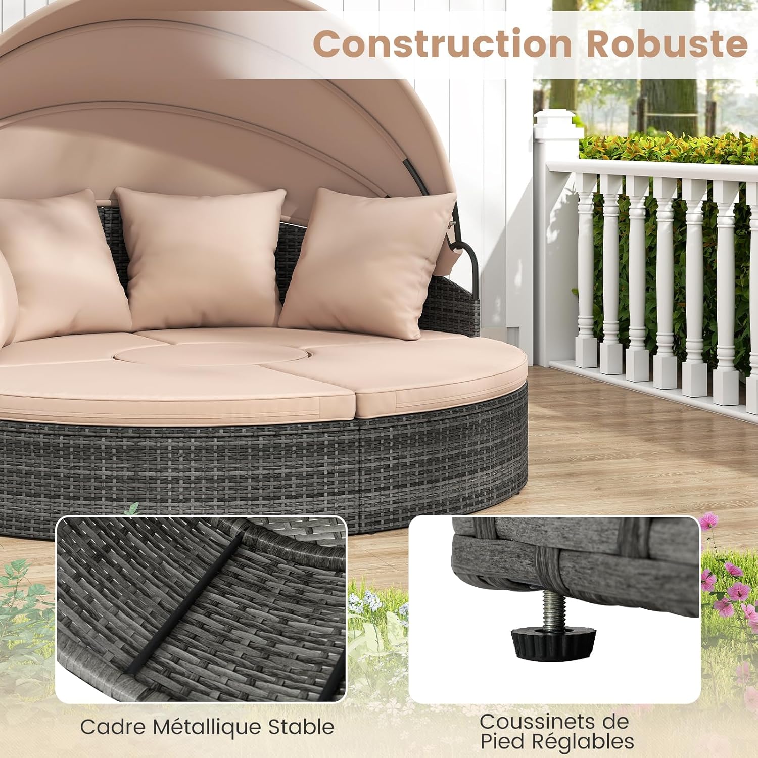 Lit Rond d'Extérieur avec Auvent Rétractable, Canapé d'Extérieur en Sections en Rotin PE avec Coussins, pour Jardin, Piscine, Beige - 6