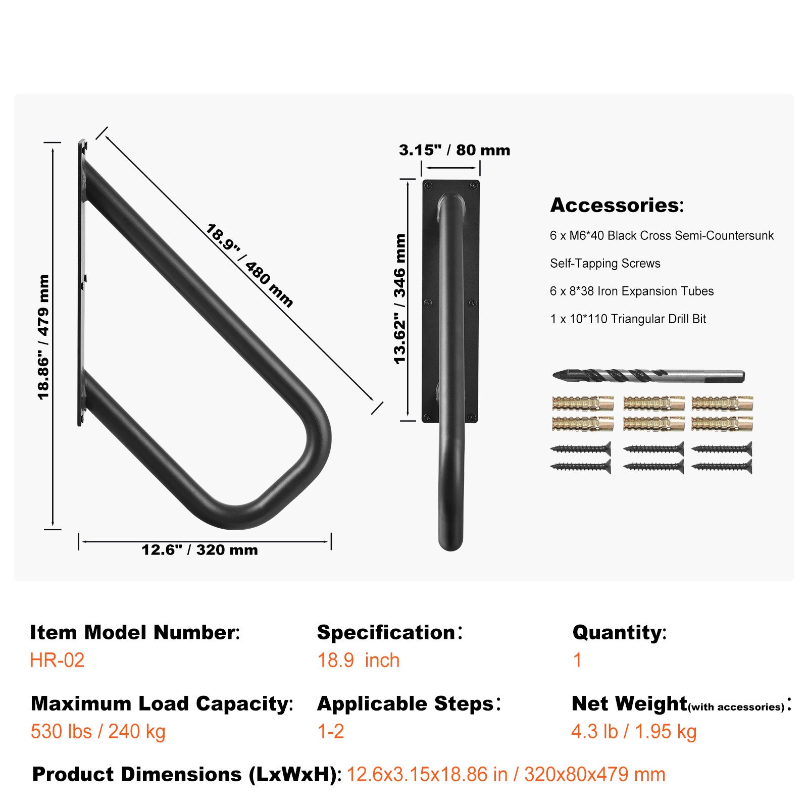 Barandilla de escalera exterior de 48 cm,SucceBuy color negro,para ...