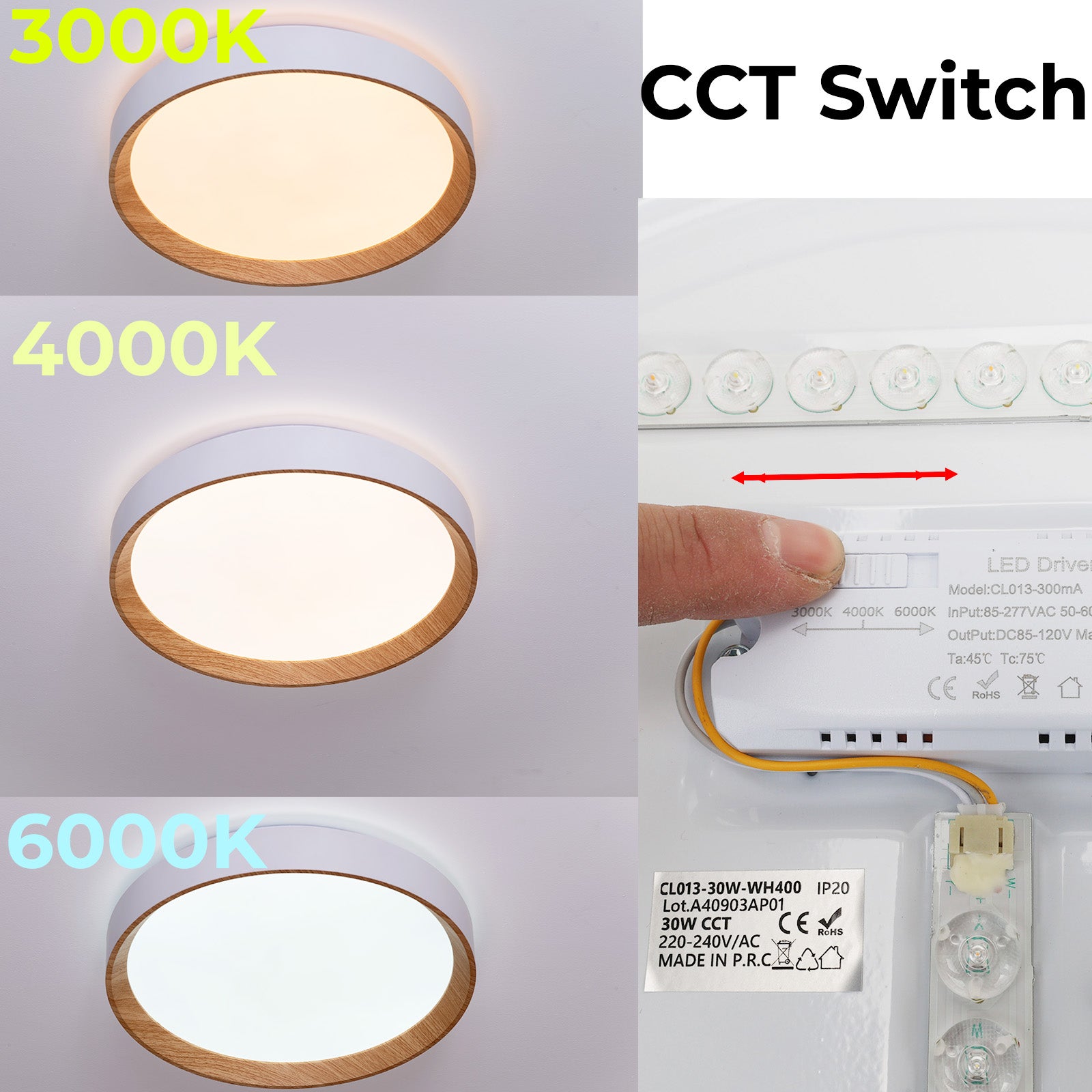 Plafón LED de Techo 30W Ø38cm CCT 3000K-6000K, Blanco/Efecto Madera Modelo 