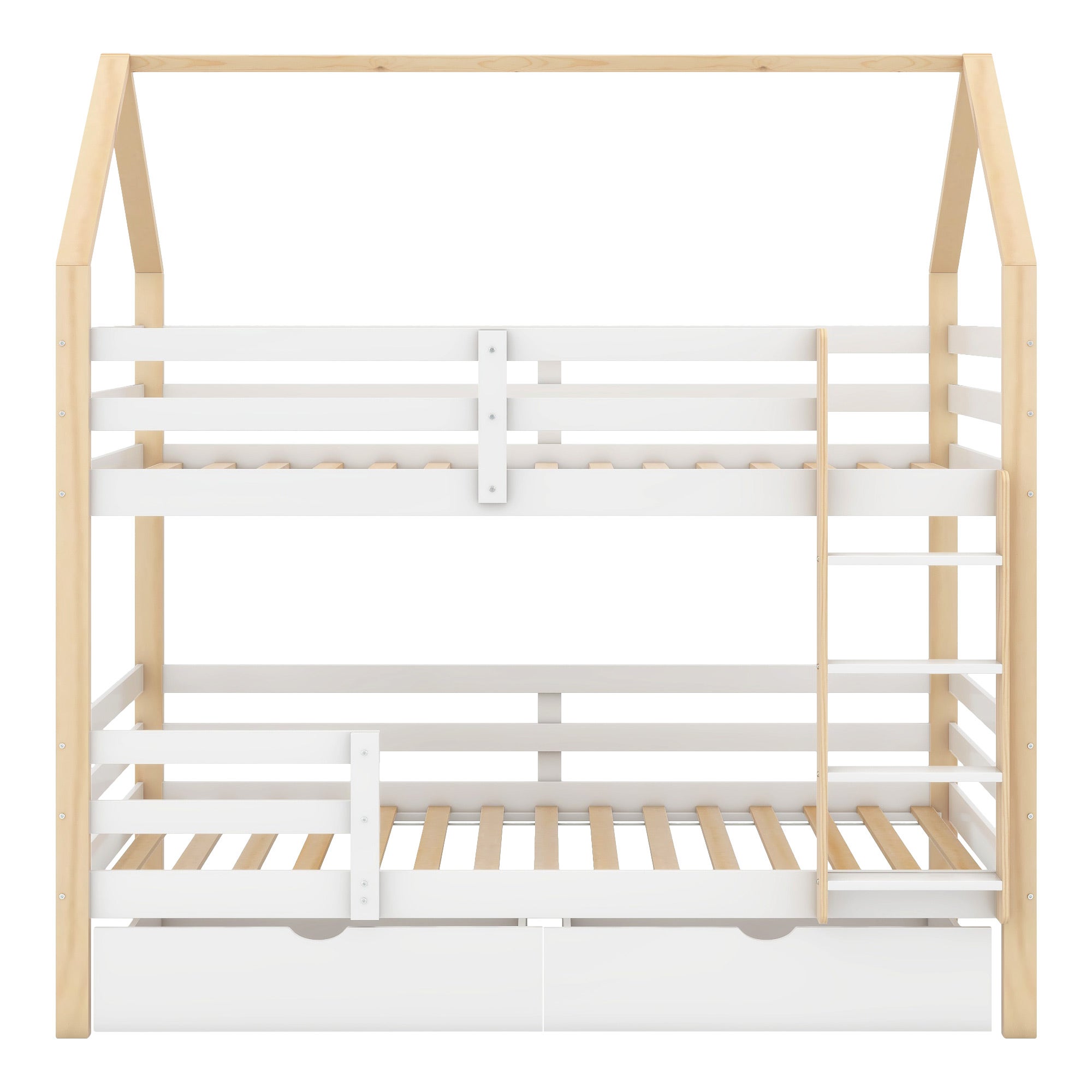 Łóżka piętrowe 2 x 90 x 200 cm z 2 szufladami i drabinką - Drewno lite - Kolor naturalny + biały (materace nie są wliczone w cenę) - 7