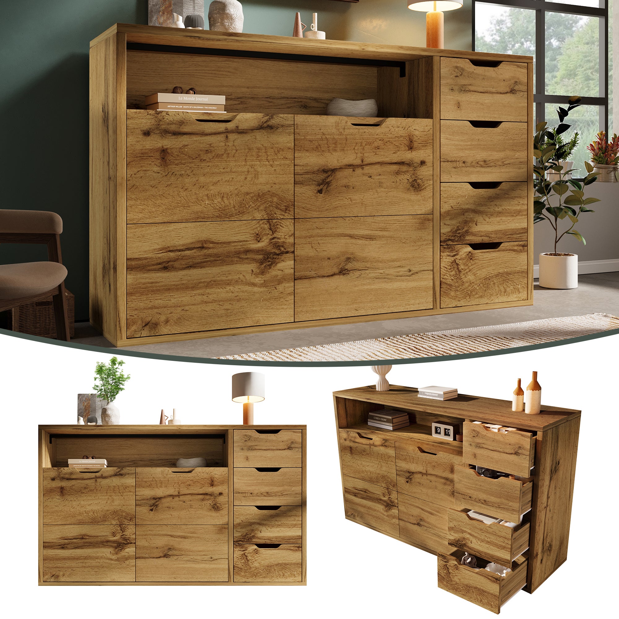 Esta cómoda/mueble auxiliar mide 150x40x90 cm y tiene un acabado de chapa de roble.