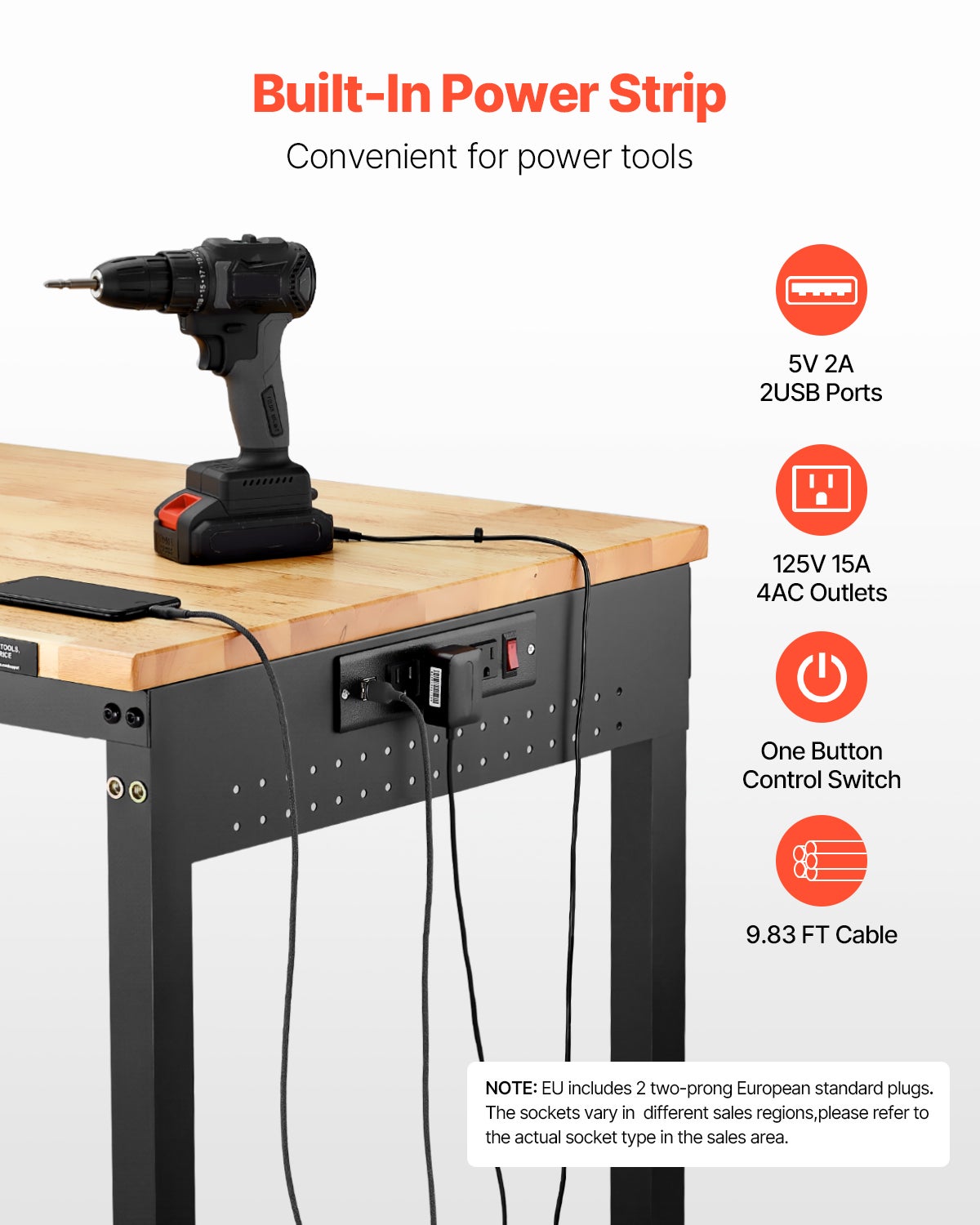 Banco de trabalho para oficina garagem 1220 mm,VEVOR mesa ajustável em altura,capacidade de carga de 907,2 kg,tomada de energia,painel perfurado - 5