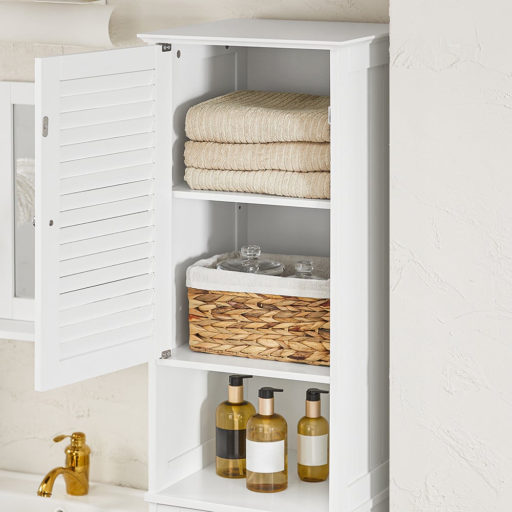 SoBuy Columna de Baño, Armario Alto con 1 Puerta de Persianas, 1 Cajón y 1 Cesto para Ropa Extraíble, Blanco, BZR124-W - 4