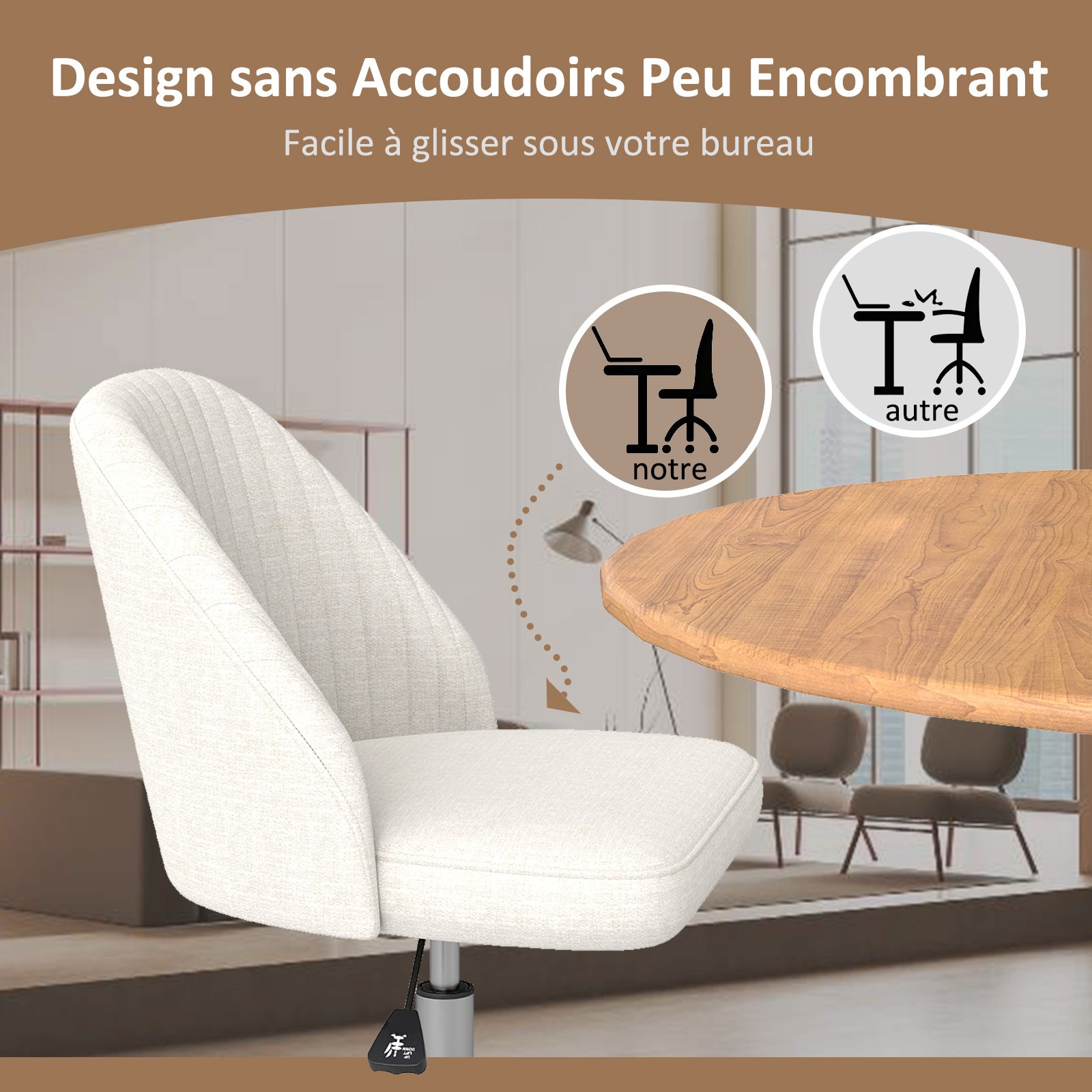 Chaise de Bureau Pivotante, Chaise de Coiffeuse sur Roulettes avec Siège Rembourré sans Accoudoirs, Réglable en Hauteur, Beige - 5