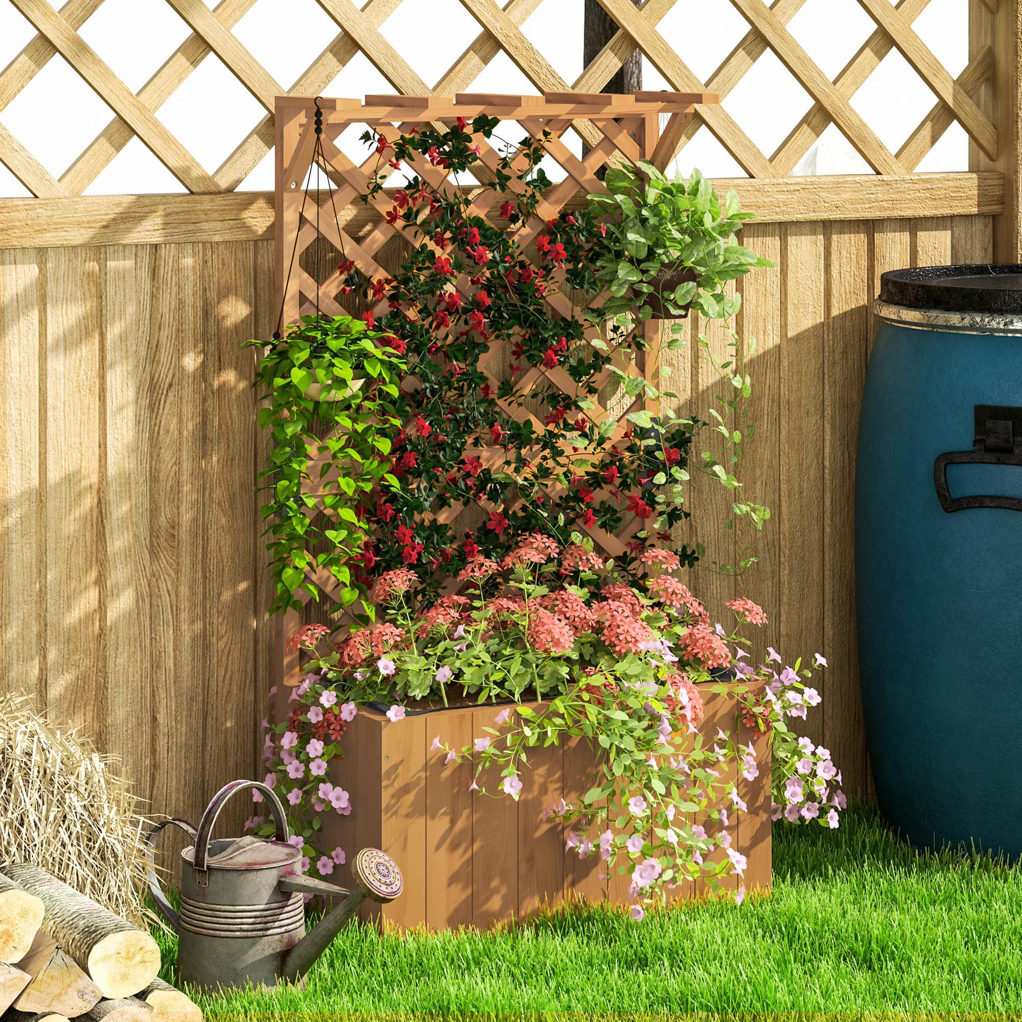Jardinière avec treillis - Outsunny - trous de drainage et doublure - bois massif - 64 x 33 x 122 cm - bois naturel - 8