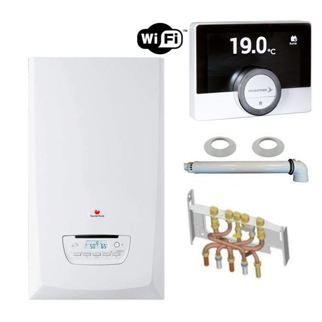 Chaudière Gaz Condensation ThemaPlus Condens Saunier Duval 25 kW Complète (Ventouse + Douilles + Dosseret) avec Thermostat Connecté