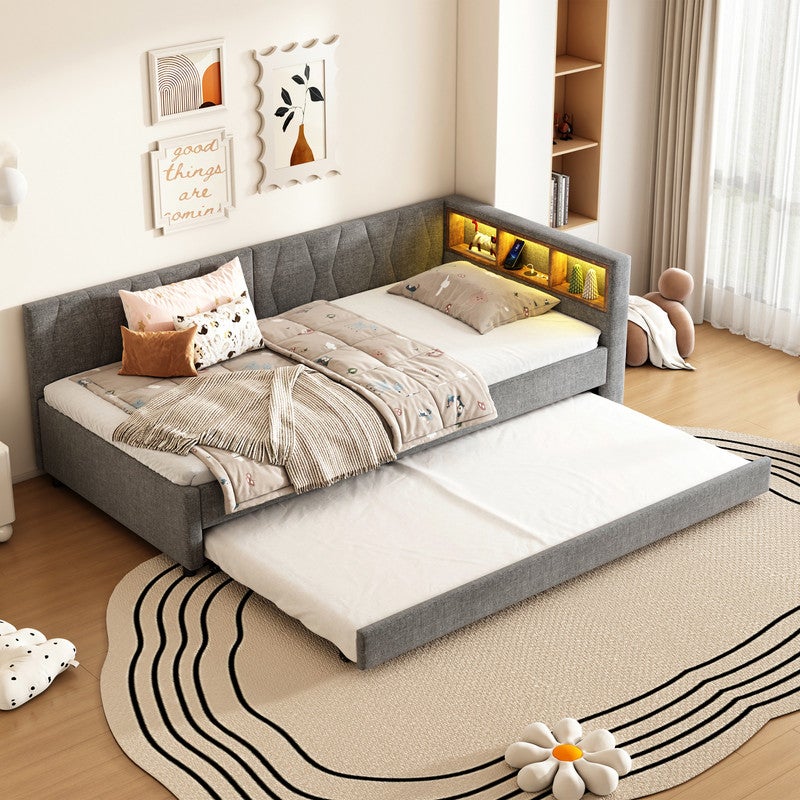 Sofa rozkładana 90x200 cm - z łóżkiem wysuwanym - z USB + typ C - z oświetleniem LED - szara (materac nie wchodzi w skład zestawu)