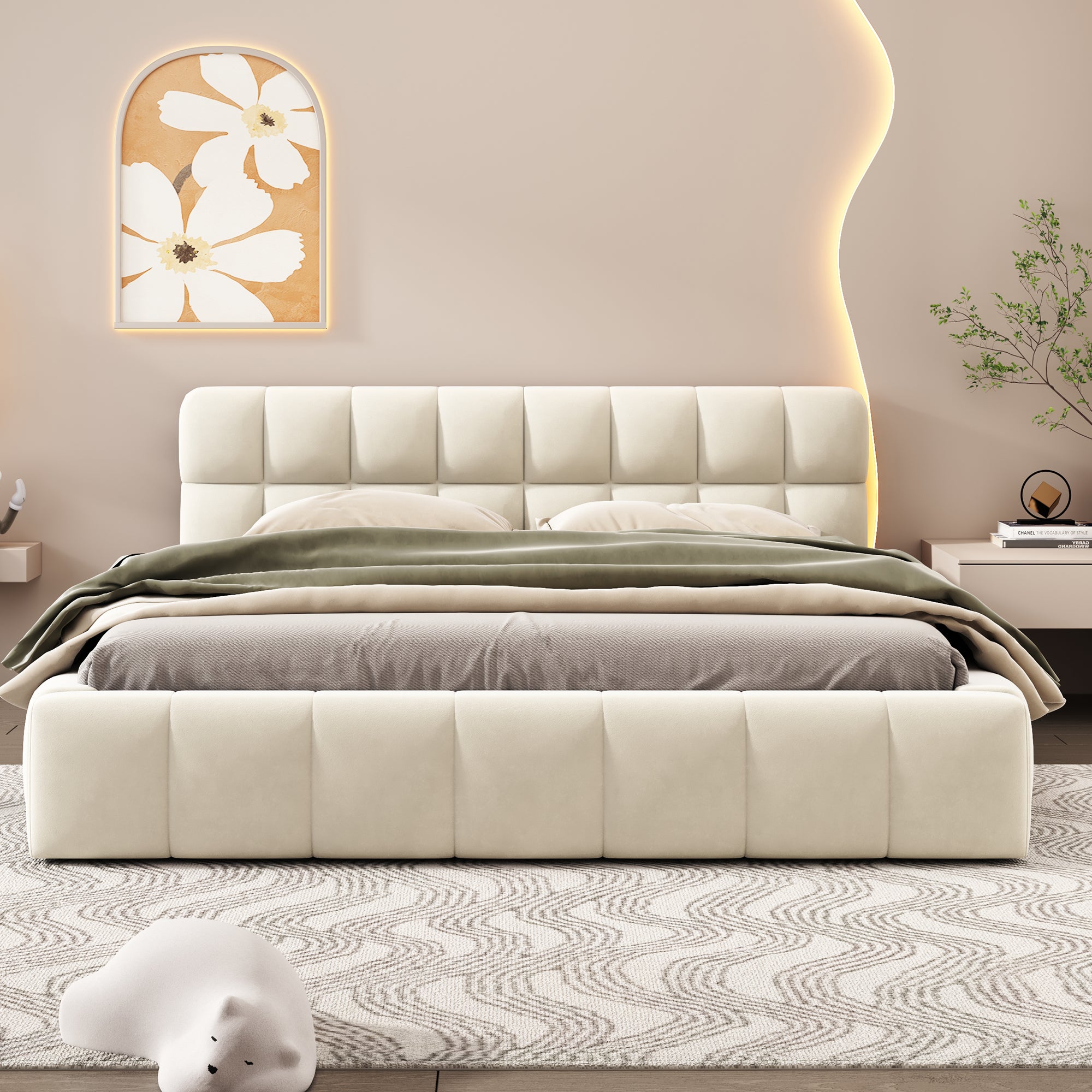 140 x 200 lit 2 Personnes,lit double avec tête et bord souples,lit capitonné,lit de sol,cadre de lit avec sommier à lattes,lin,beige - 2