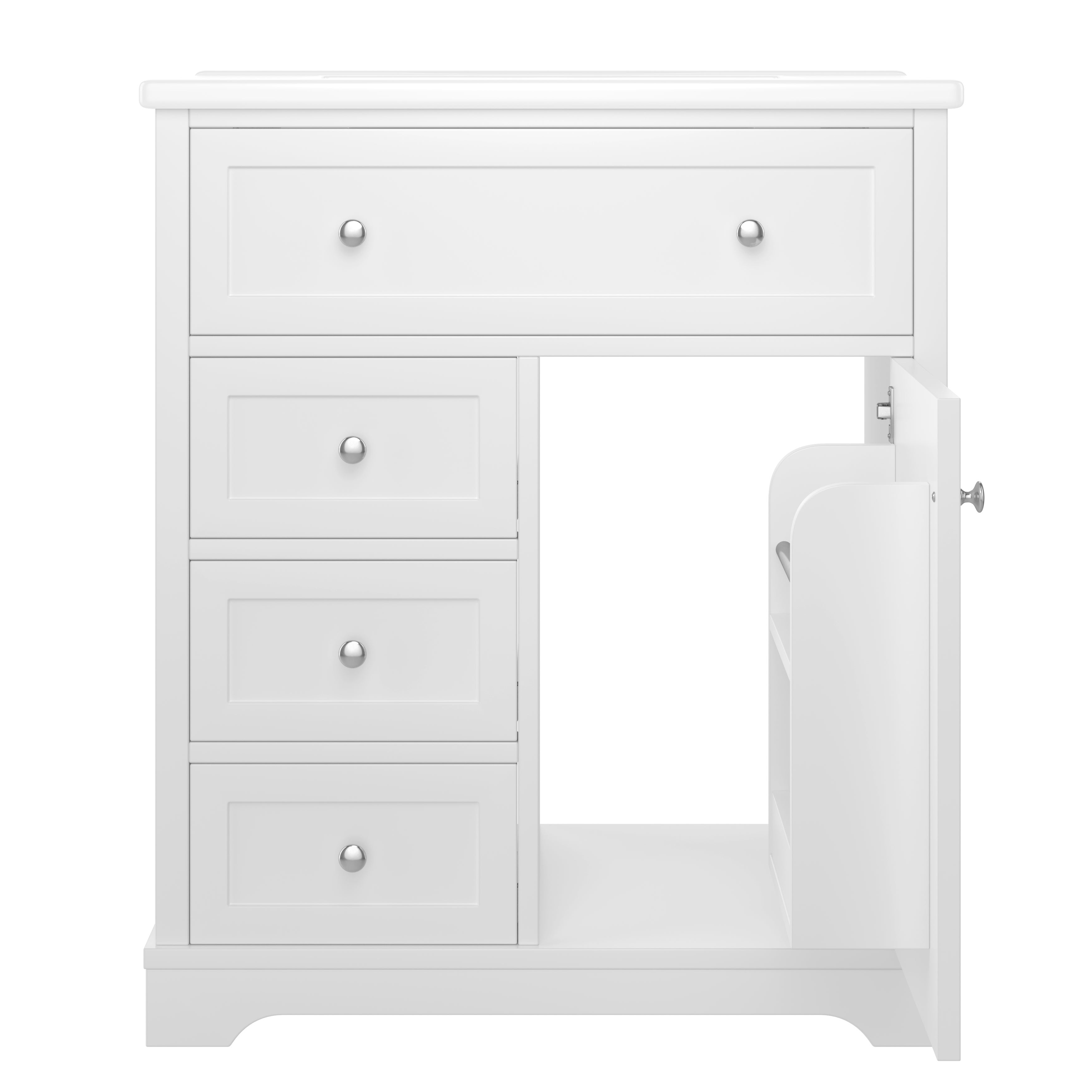 Meuble de salle de bain sur pied avec vasque intégrée (sans robinet), meuble bas avec vasque en céramique - 2 portes et 3 tiroirs - 76x46x87 cm -Blanc - 9