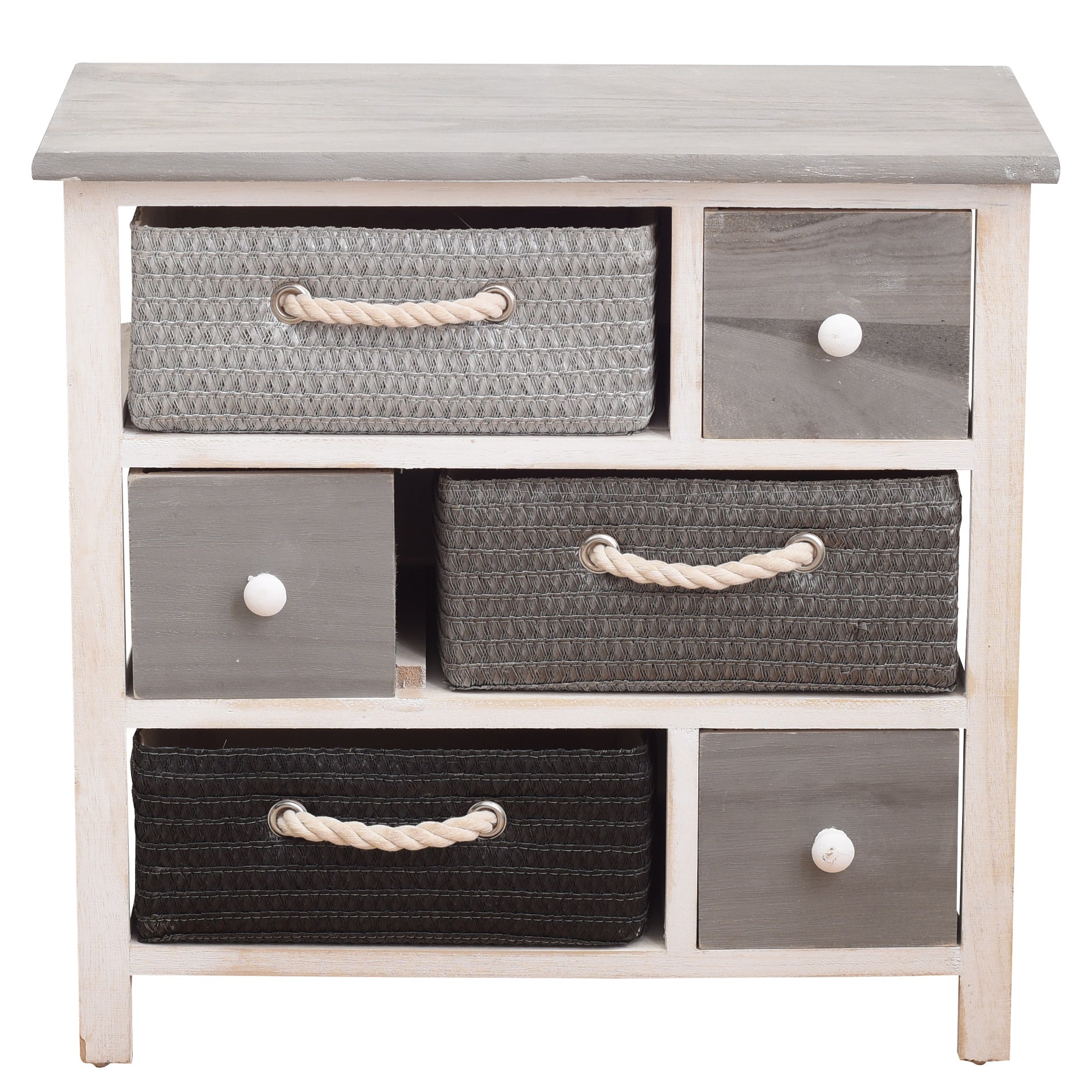Meuble Commode Mobili Rebecca 6 Tiroir Bois Osier Gris Blanc Rustique ...