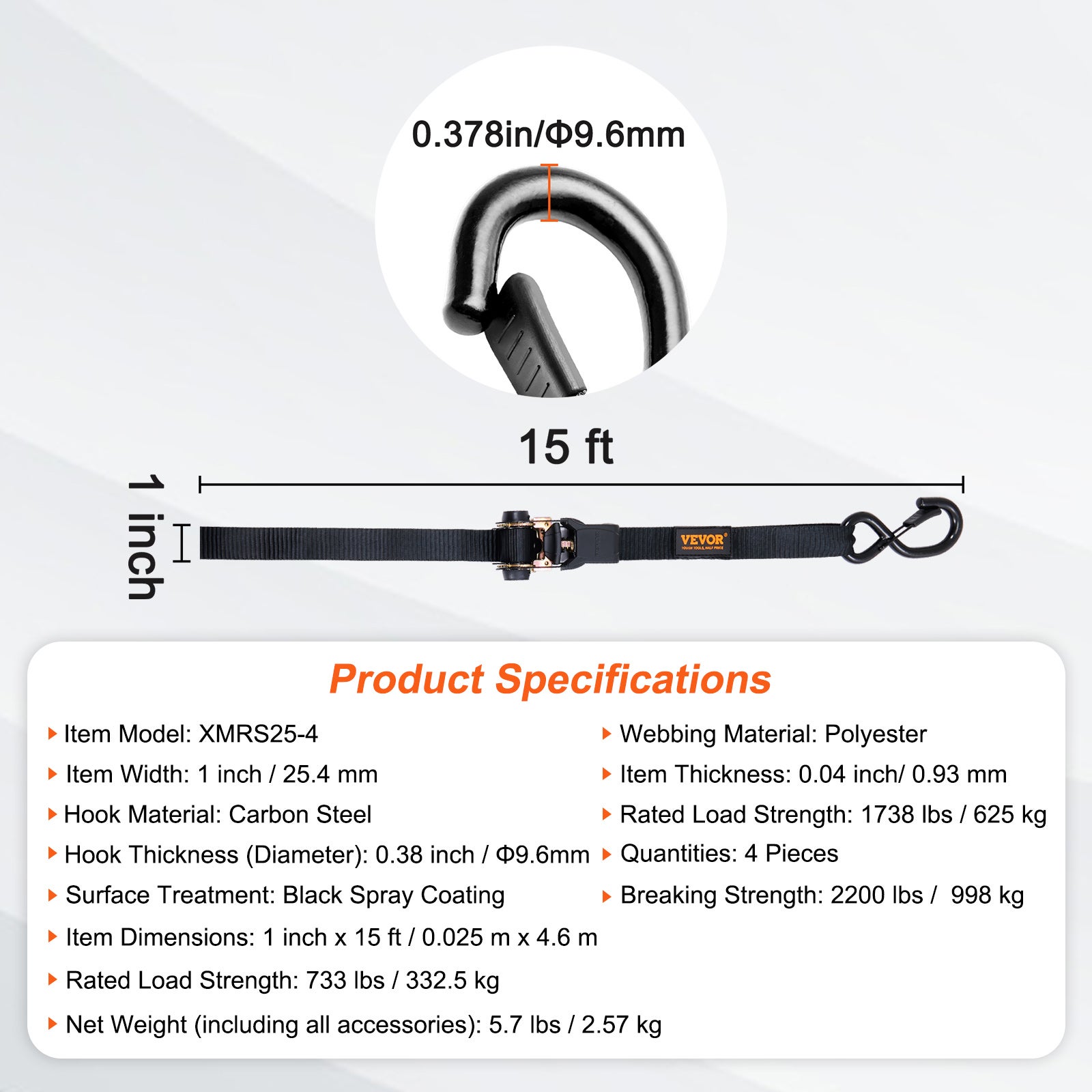 Kit Cinghie a Cricchetto Ancoraggio 4 Pezzi, Resistenza Rottura max. 998 kg, Cinghie di Tensione0,025x4,6 m con Cricchetto e Gancio per Motocicl VEVOR - 7