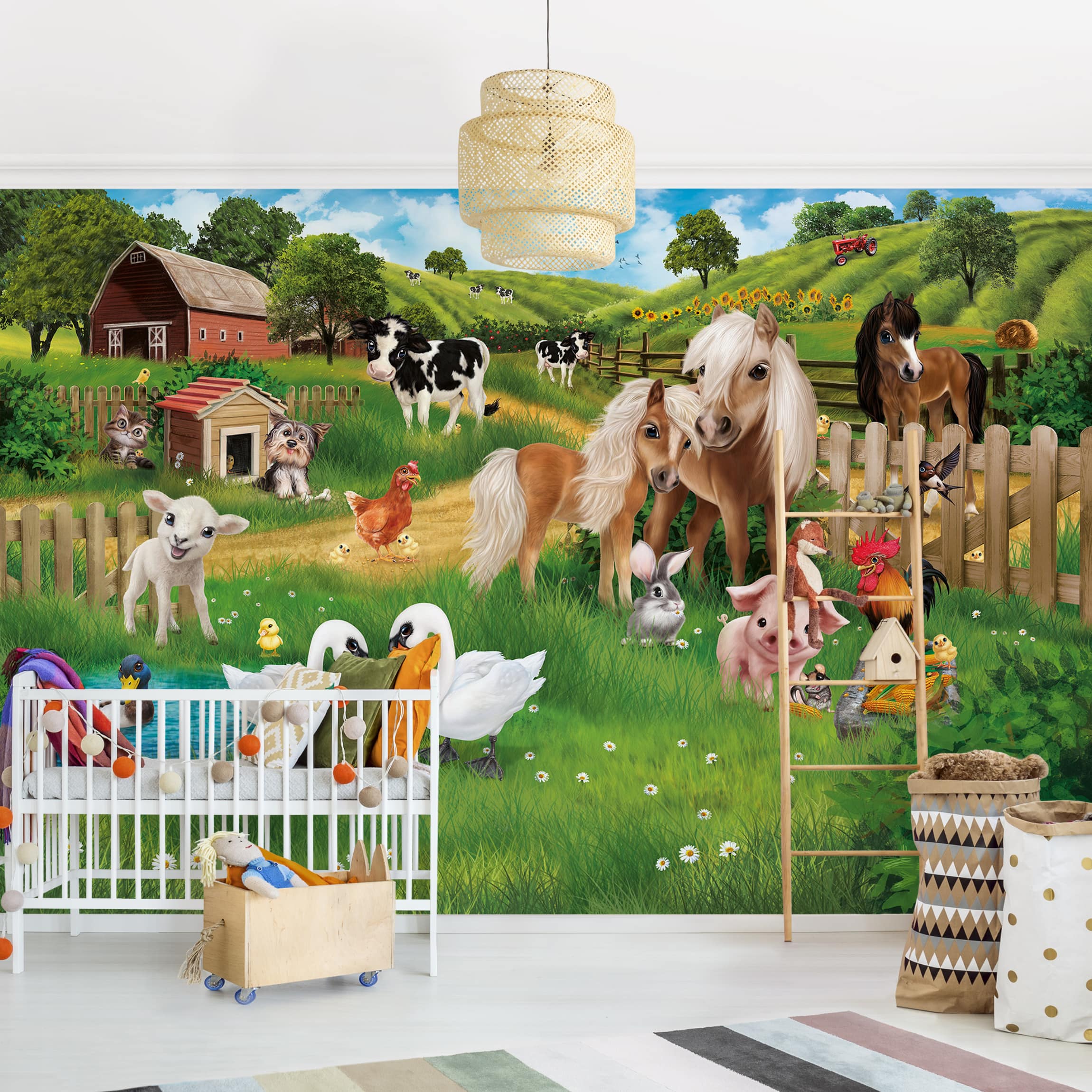 Papel pintado fotomural infantil animales de la granja 118 - habitación infantil niño niña bebé - tnt 384 x 255 cm adhesivo