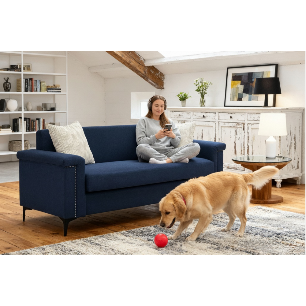 Sofa 2-osobowa, skandynawska, minimalistyczna, len, nogi żelazne, do małych pomieszczeń
