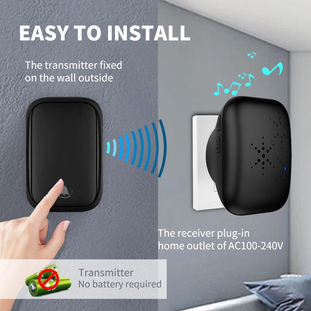 Campanello wireless per esterni - 1 ricevitore, 1 trasmettitore - Regolazione del volume a 4 livelli - 36 suonerie - Nero - 5