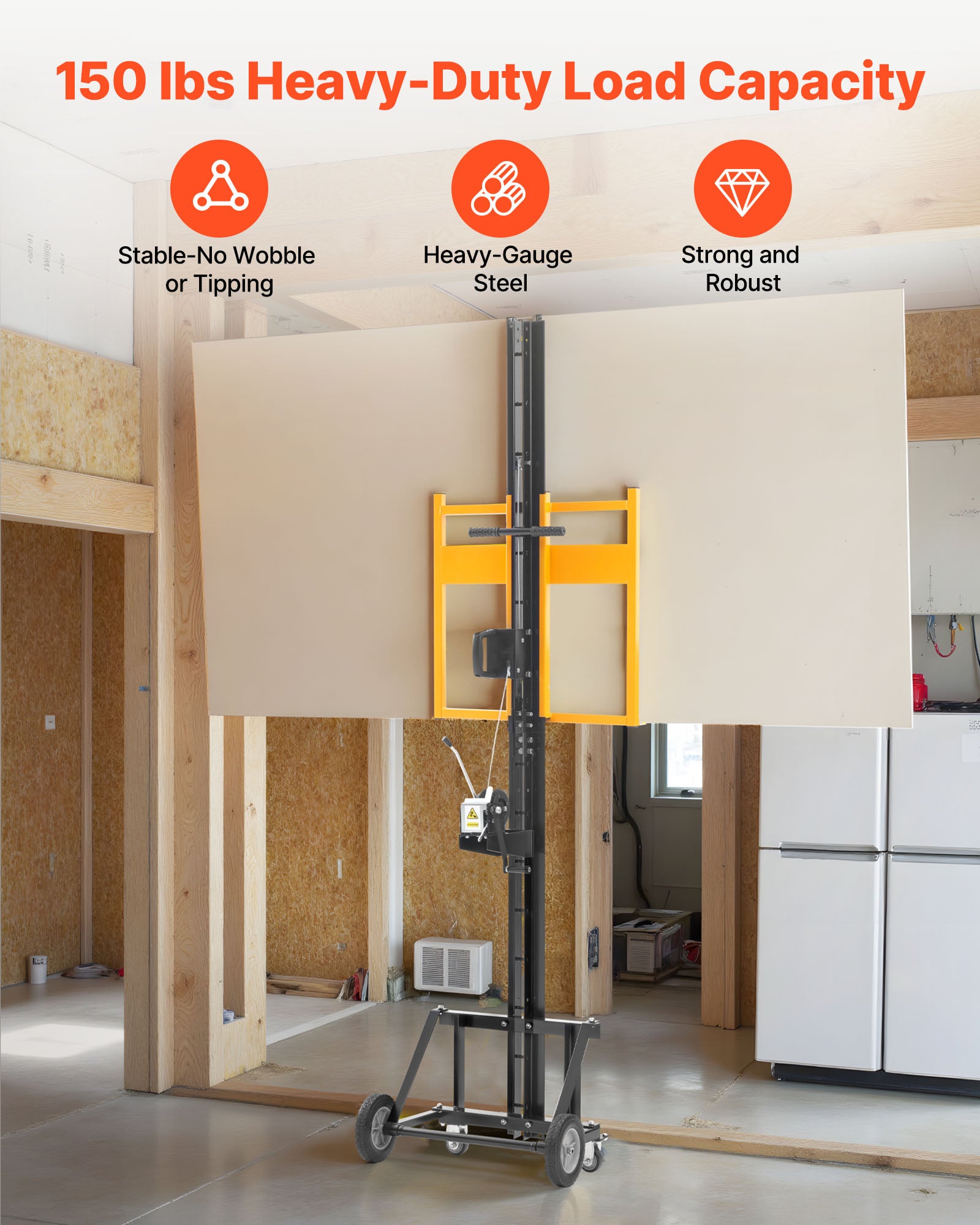Elevador painéis VEVOR, capacidade 68 kg, para instalação em tectos e paredes, elevação painéis até 4 x 4,9 m, com rodízios, fácil transporte, amarelo - 2