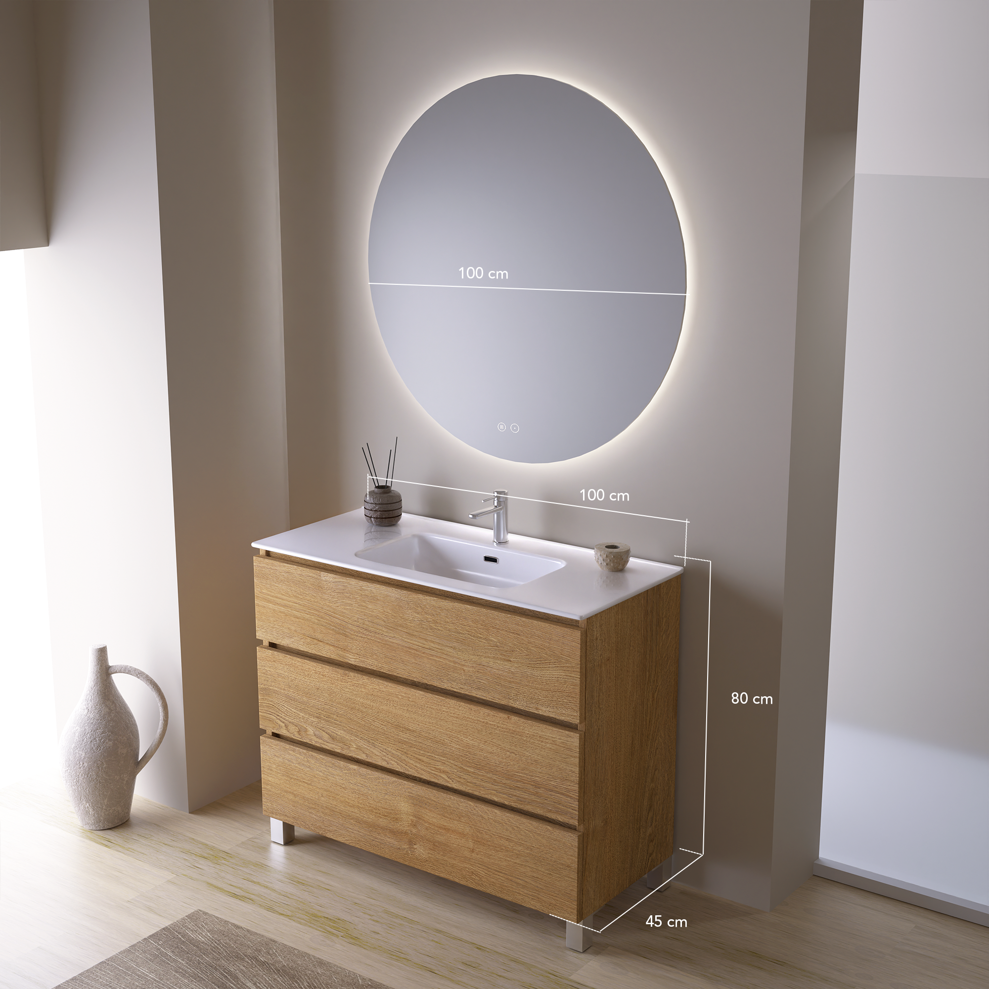 Feel Your Bath, Meuble De Salle De Bain JAGUAR Marron 100 cm, 3 Tiroirs, Vasque Céramique Intégrée Et Miroir Rond LED Antibuée - 3