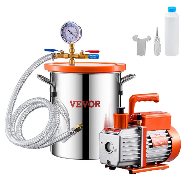 Pompe à vide VEVOR 99 L/min,chambre inox 11 L,dégazage 1 étage,couvercle acrylique,huile 330 mL,tuyau 1,5 m,pour dégazage résine époxy silicone