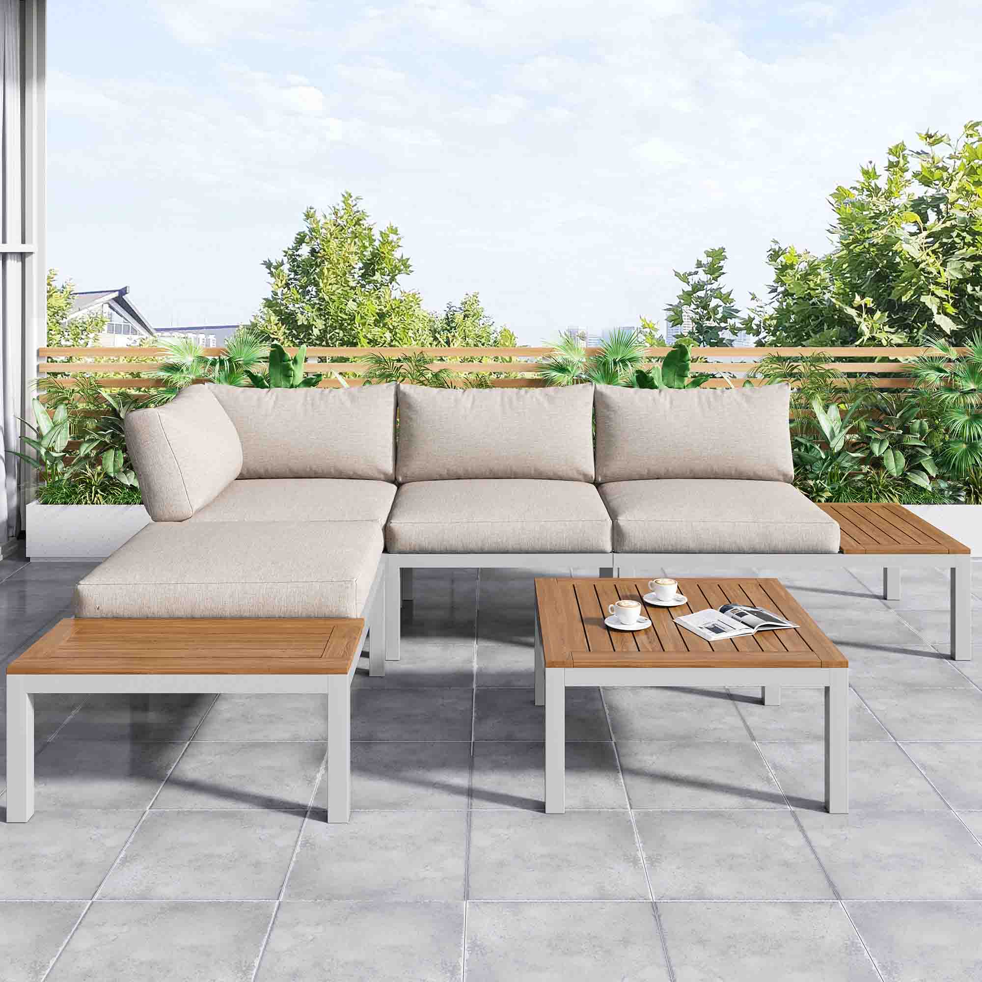 Salon de Jardin Moderne - Zestaw sof ze stali ocynkowanej z drewnianym blatem, 5 szt.