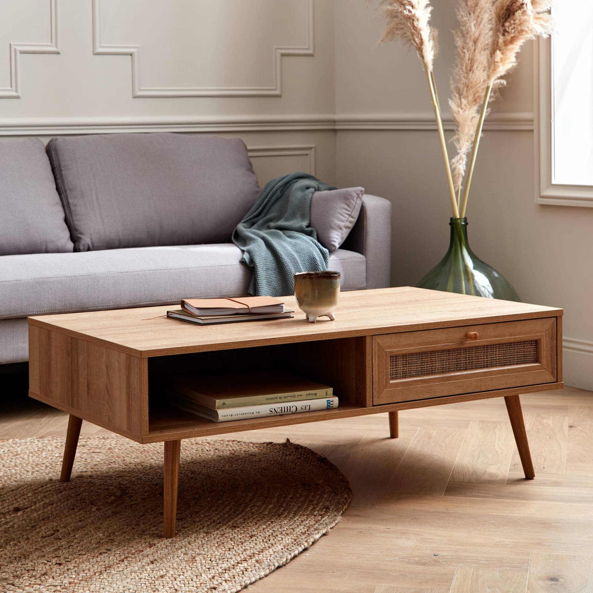Table basse en cannage 110 x 59 x 39 cm - Bohème - Naturel. 1 tiroir. 1 espace de rangement. pieds scandinaves - 2