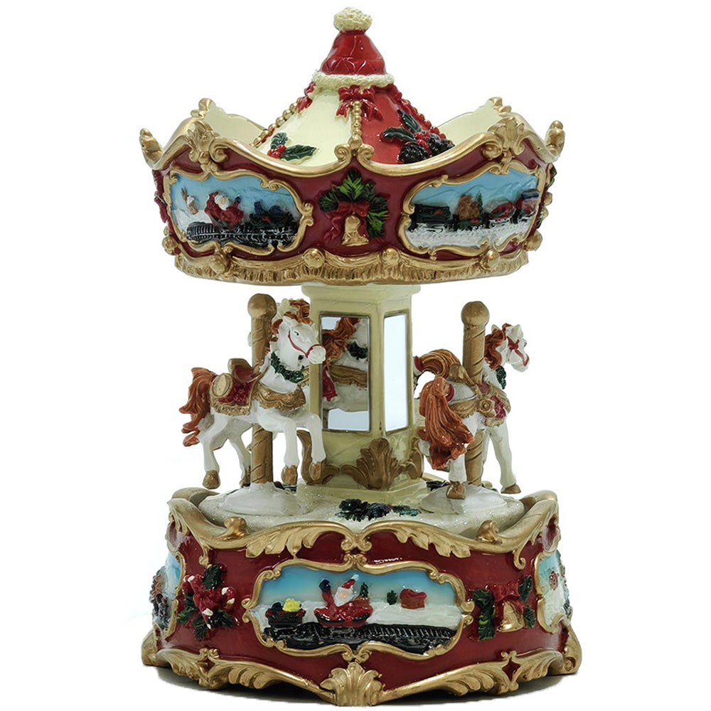 Giostrina Musicale Carosello – Carillon Con Cavalli Rossi, In Plastica E Legno, Altezza 18 Cm, Base Diametro 10 Cm