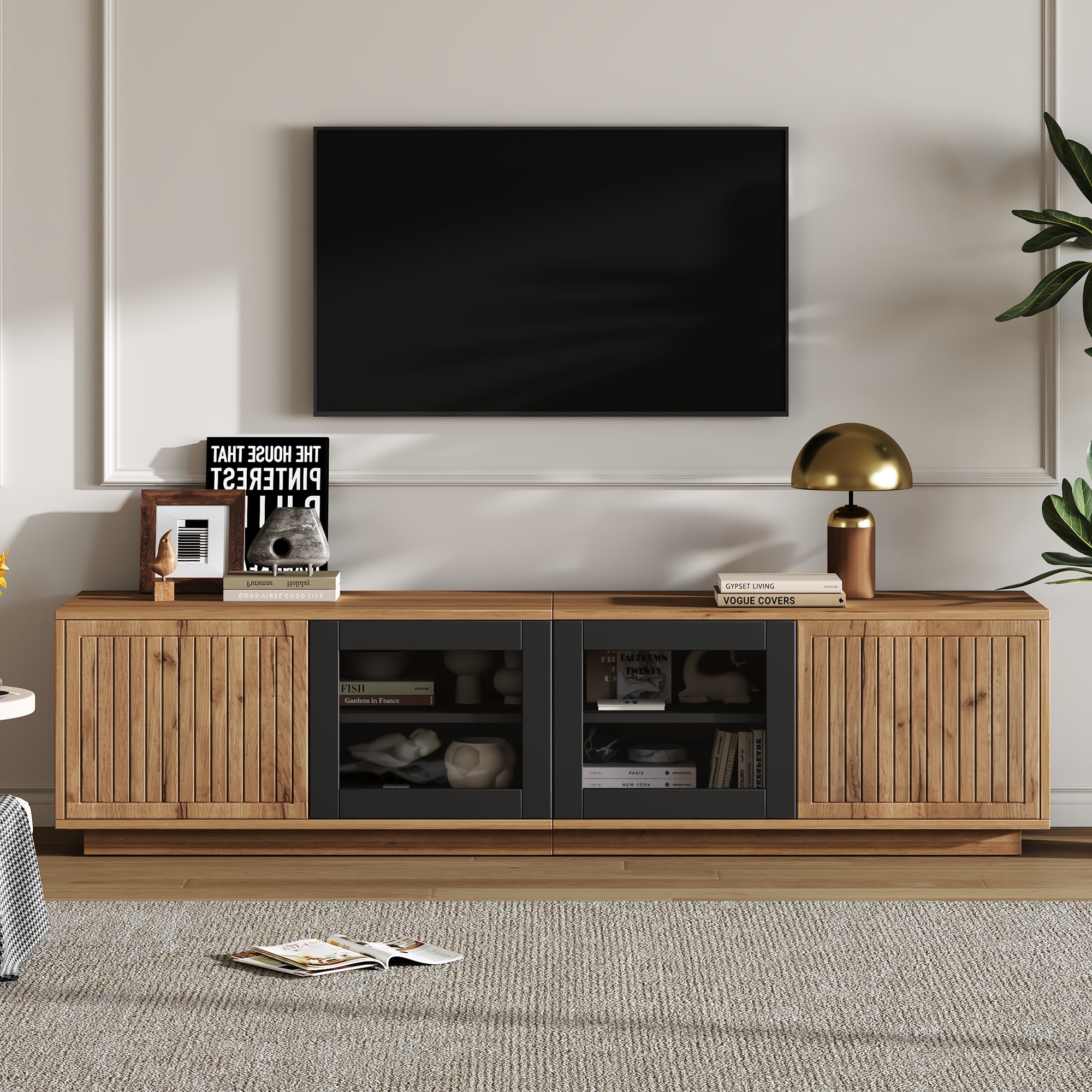 Stolik pod TV 180x40x45 cm - z oświetleniem LED - 4 drzwi - Panel szklany - Płyta wiórowa - Kolor naturalny + czarny - 3