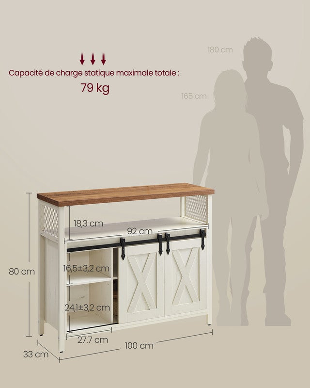Buffet de Cuisine, avec 2 Portes Coulissantes, 33 x 100 x 80 cm, Étagères Réglables, pour Salon, Blanc Rustique et Marron Miel - 5