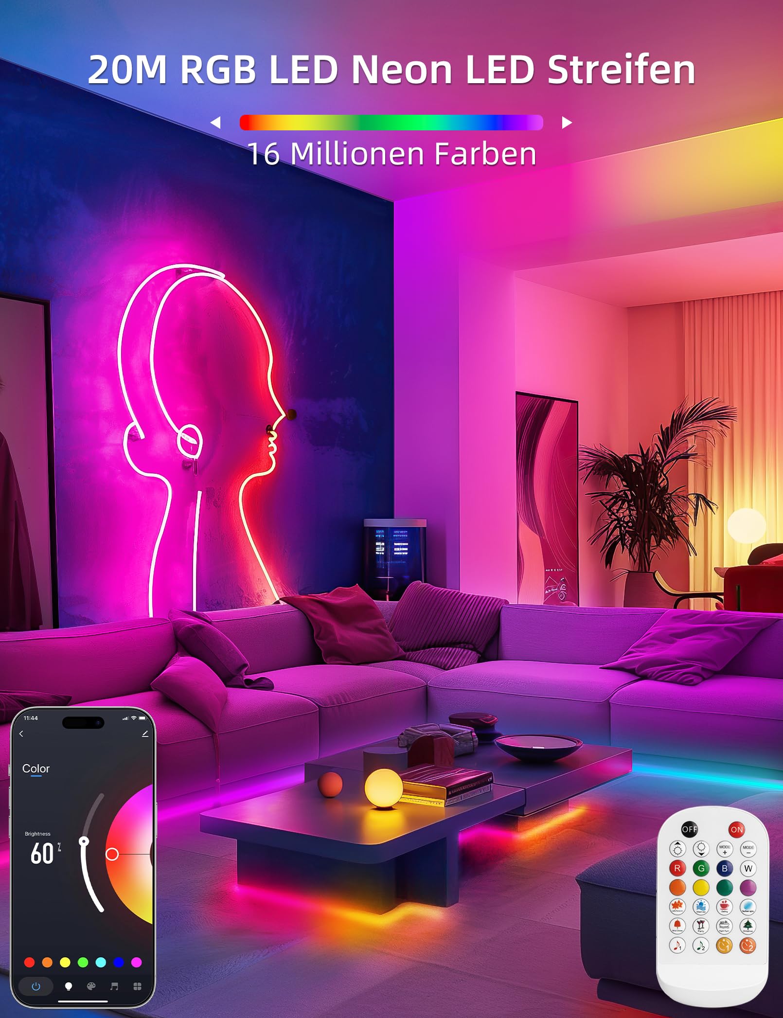 Ruban Led 20m, RGB Neon Bande Led App Contrôle, Multicolore 24V Flexible Étanche Découpable Synchronisation Musicale Bandeau Lumineuse Led - 2