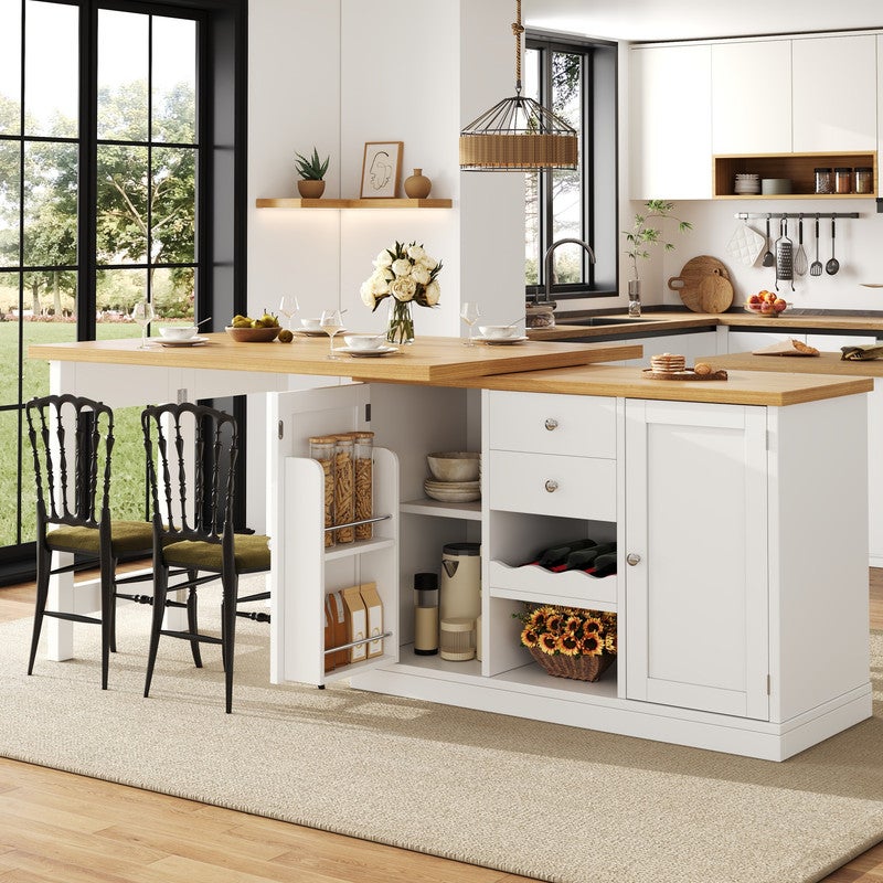 Îlot de cuisine,table à manger extensible rotative à 360°, vin et étagère de rangement,portes à fermeture magnétique,120-197x40x74cm - 3