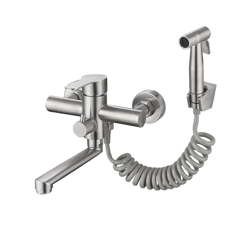 Bateria kuchenna ze stali nierdzewnej 304, naścienna z podwójnym otworem, mieszaczem ciepłej i zimnej wody, z czyszczącą słuchawką prysznicową