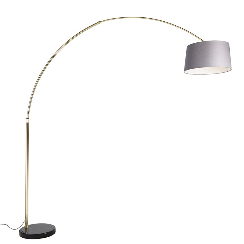 Lampa łukowa mosiężna z marmurem i szarym abażurem z tkaniny 45 cm - XXL