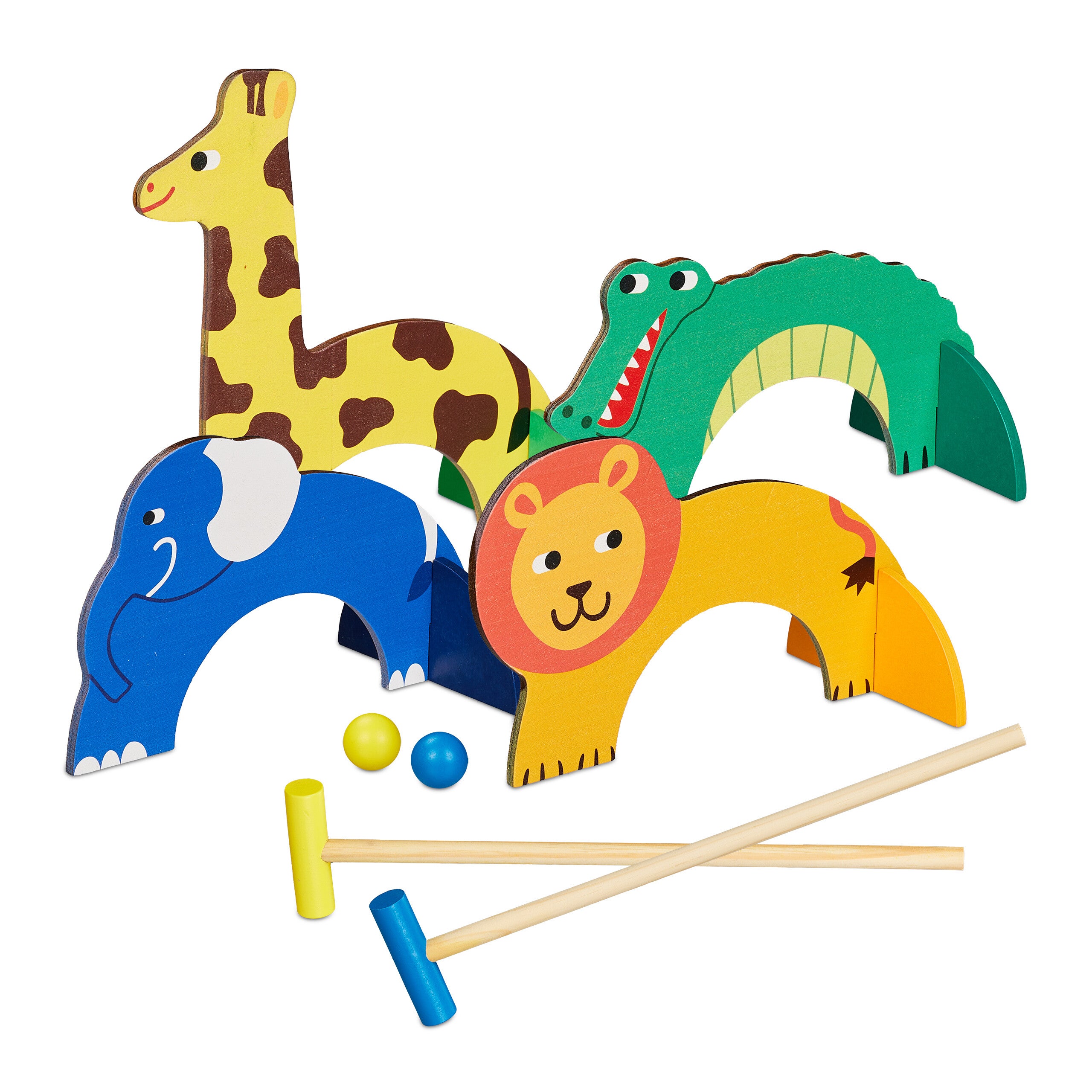 Relaxdays croquet spel, 4 spelers, voor kinderen & volwassenen, set, hout, met hamer, ballen en poortjes, meerkleurig