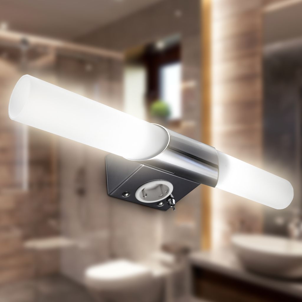Applique murale LED salle de bain 2-flammes - avec prise et interrupteur - Chromé - E14 4,9W - 470lm - Blanc chaud 3000K - IP20 - B.K.Licht - 8