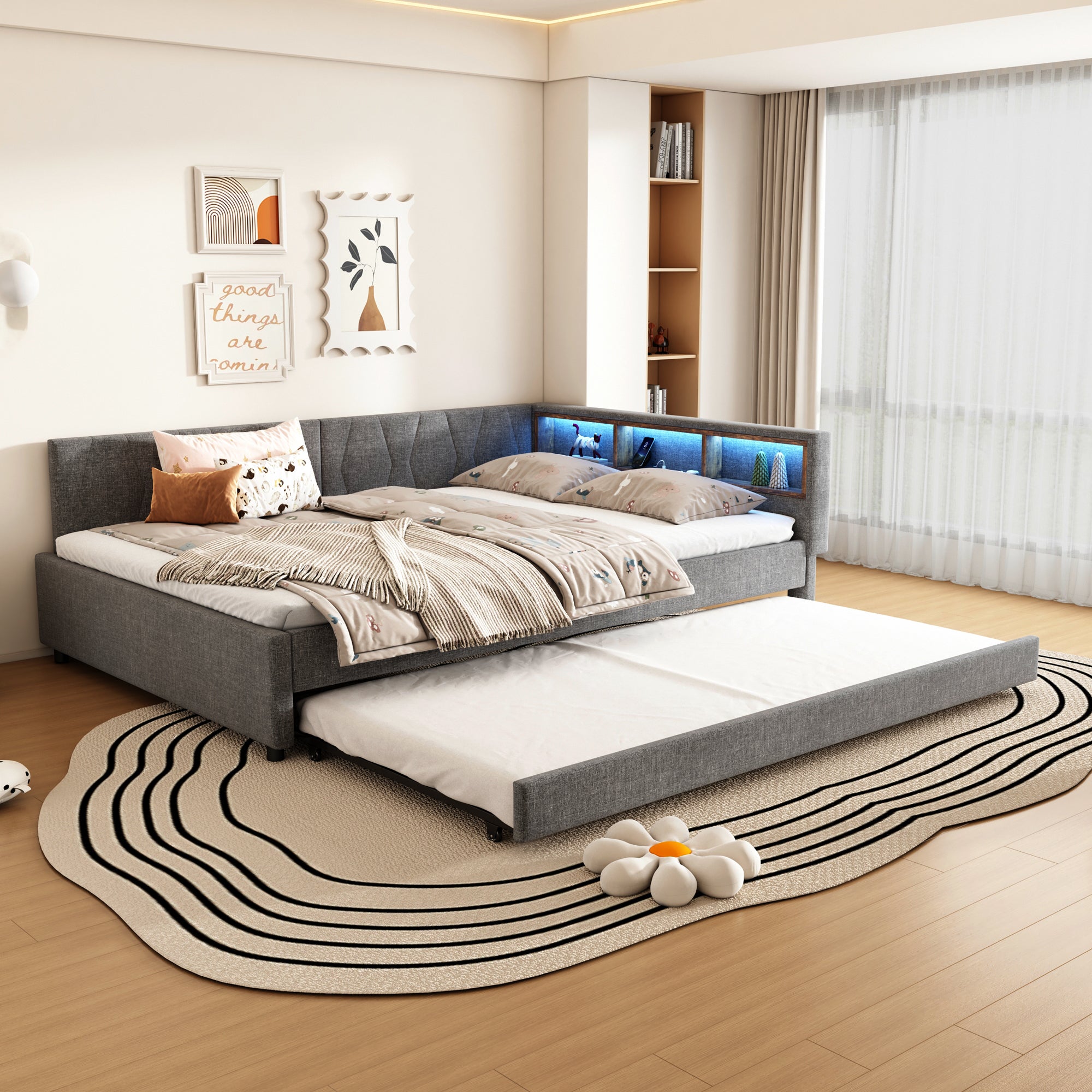 Letto Matrimoniale 140x200 Con Contenitore E Letto Estraibile | Struttura Imbottita Con LED RGB E Testiera Regolabile | Cassetti E Rete A Doghe Inclusa | Beige/grigio - 4