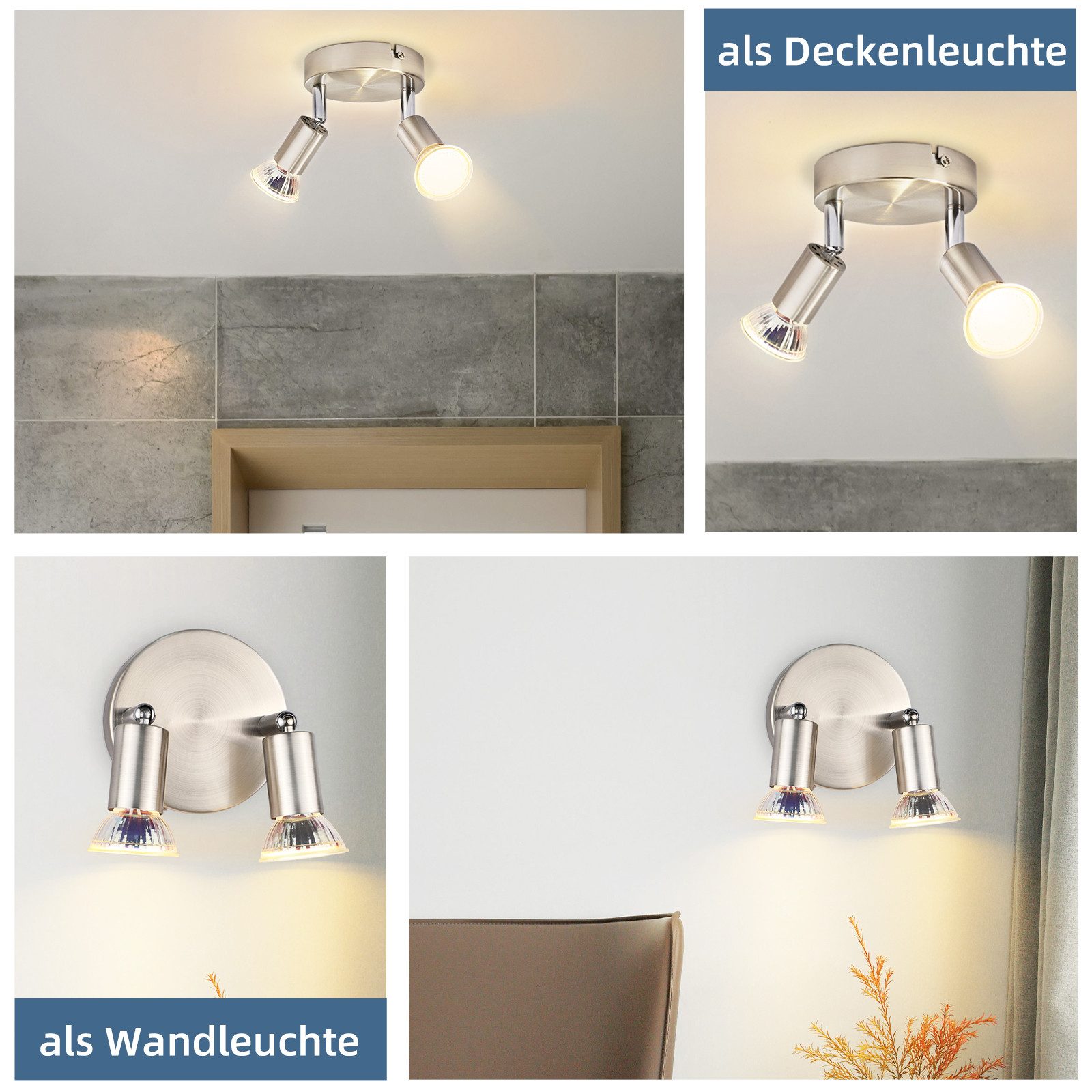 NETTLIFE LED 2 Focos de Techo GU10 Orientables 350°, Lámpara Moderna Redonda de Metal Níquel para Salón Dormitorio Sin Bombilla - 8