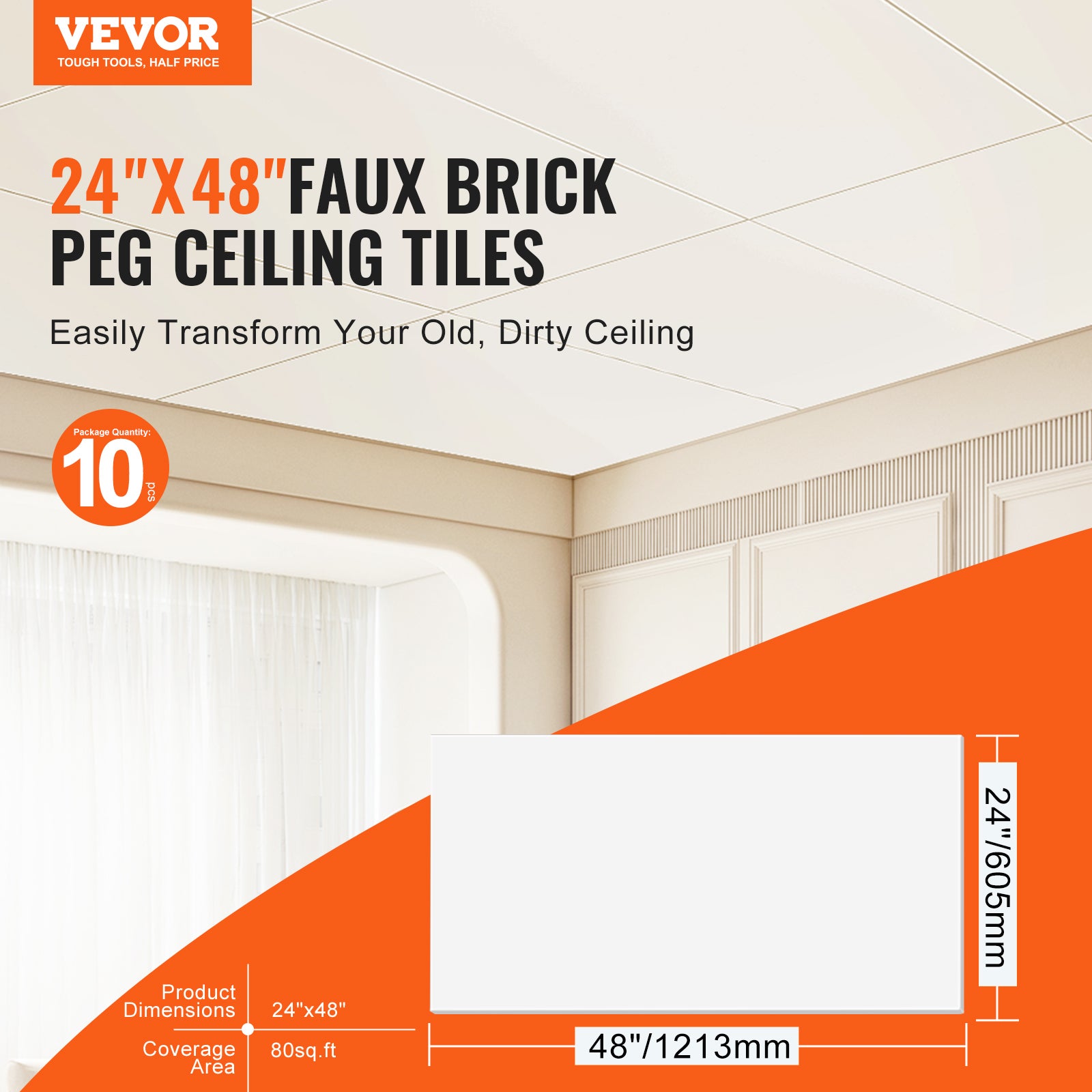 Dalles de Plafond en Mousse PVC VEVOR, Lot de 10, Tuiles Ignifuges 605 x 1213 mm, Flexibles, Revêtement de Plafond Lisse pour Maison et Bureau, Blanc - 2