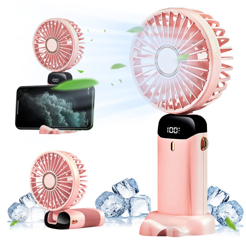 Przenośny wentylator, mini wentylator przenośny 4000 mAh z możliwością ładowania i 5 prędkościami, wentylator na baterie z wyświetlaczem LED, różowy