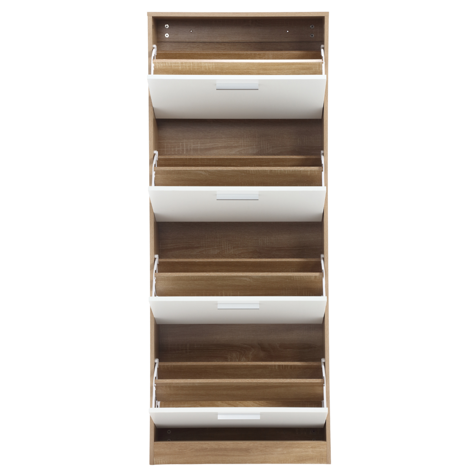 Meuble à chaussures peu encombrant à 4 portes doubles et étagères, 63 x 24 x 155 cm, en bois, pour entrée, blanc et chêne - ZIK - 2