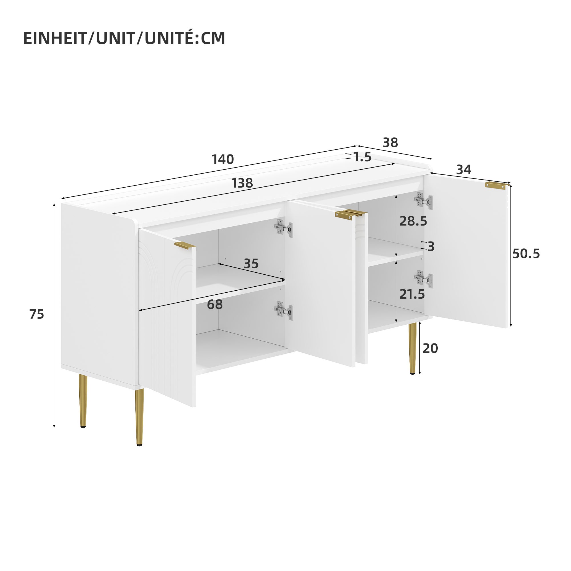 Nowoczesny buffet 140x38x75 cm - 4 fronty - Nogi metalowe - MDF - Biały - 5