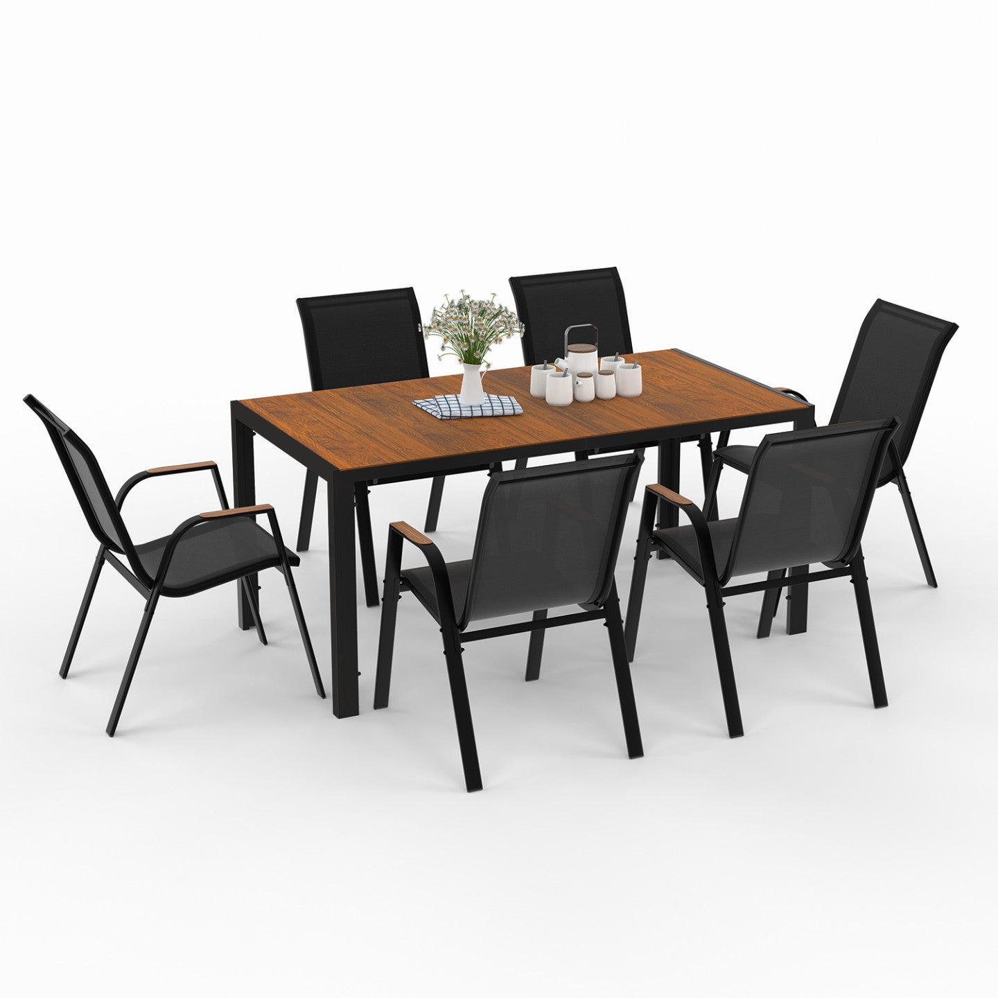 Salon de jardin NOUMEA table 150 cm plateau verre trempé effet bois et 6 chaises empilables noir et bois - 2