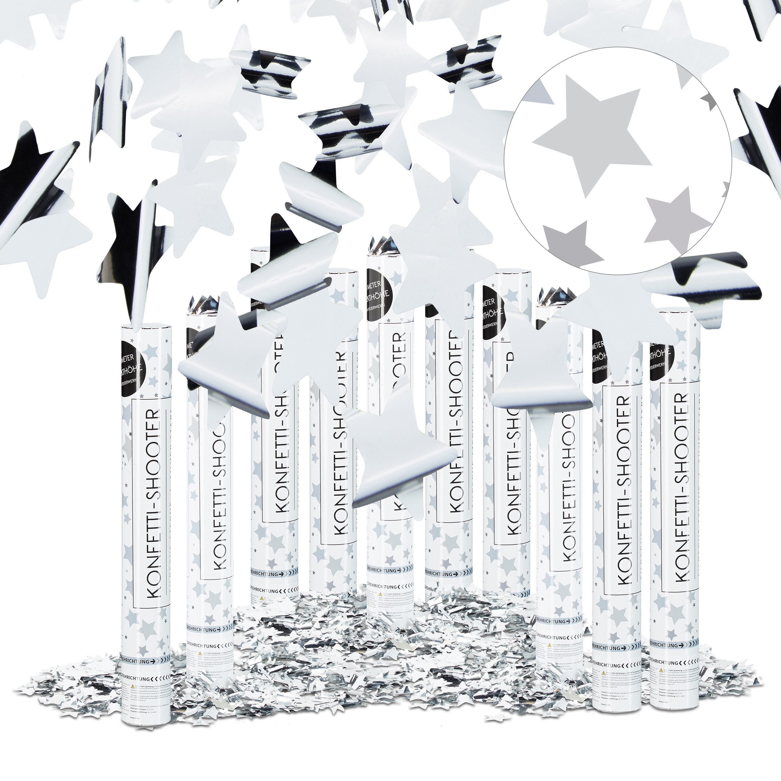 Relaxdays pack de 10 cañones confeti para lluvia de estrellas en bodas y cumpleaños, plateado, 6-8 m altura, 40 cm